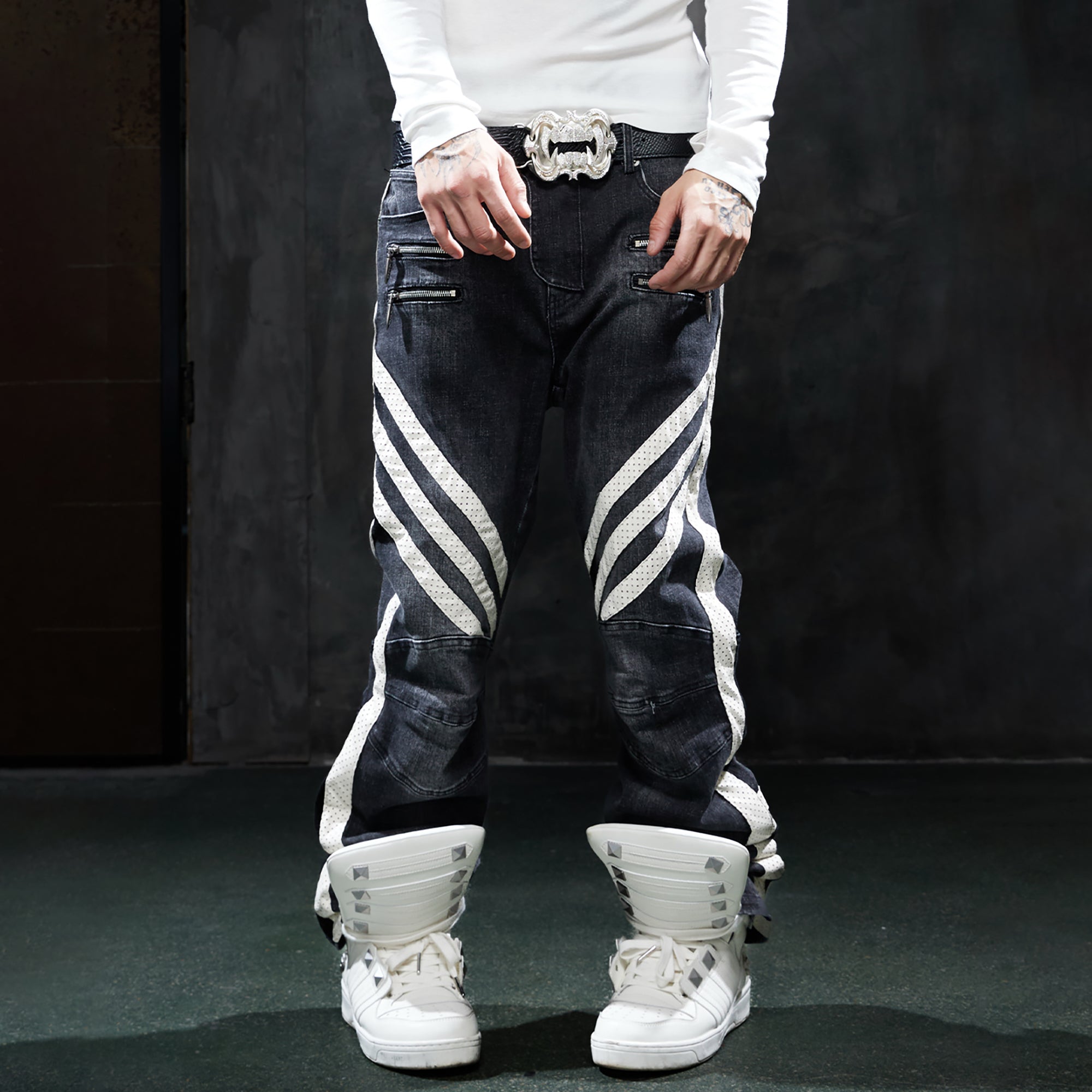 DND4DES Retro Washed Spliced Slim Moto Jeans