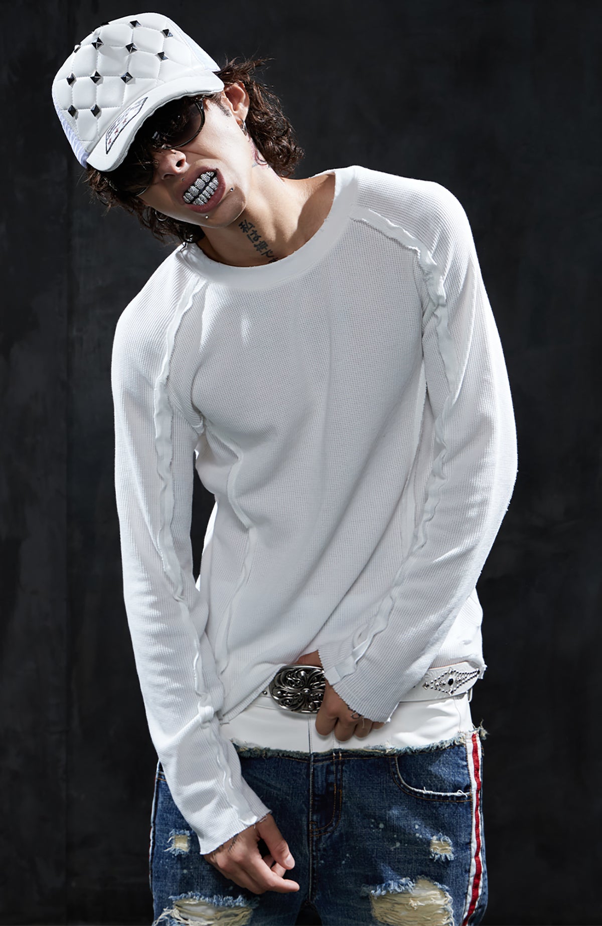 DND4DES Retro Deconstructed Waffle-Knit Long-Sleeve Tee