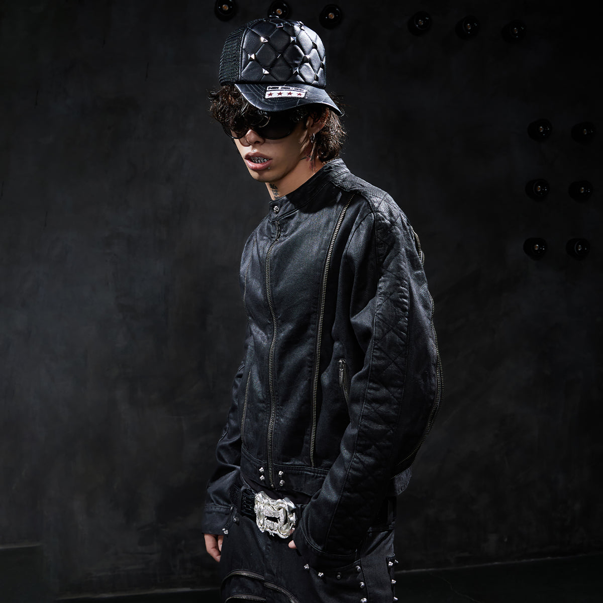 DND4DES Studded Wax-Brushed Zip-Up Denim Jacket