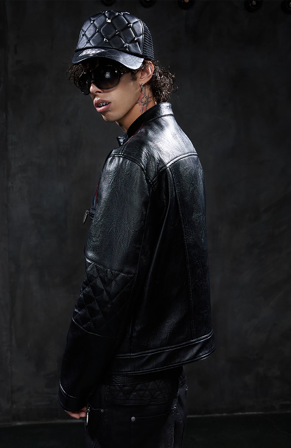 DND4DES Retro Quilted Patchwork Colorblock Biker Jacket