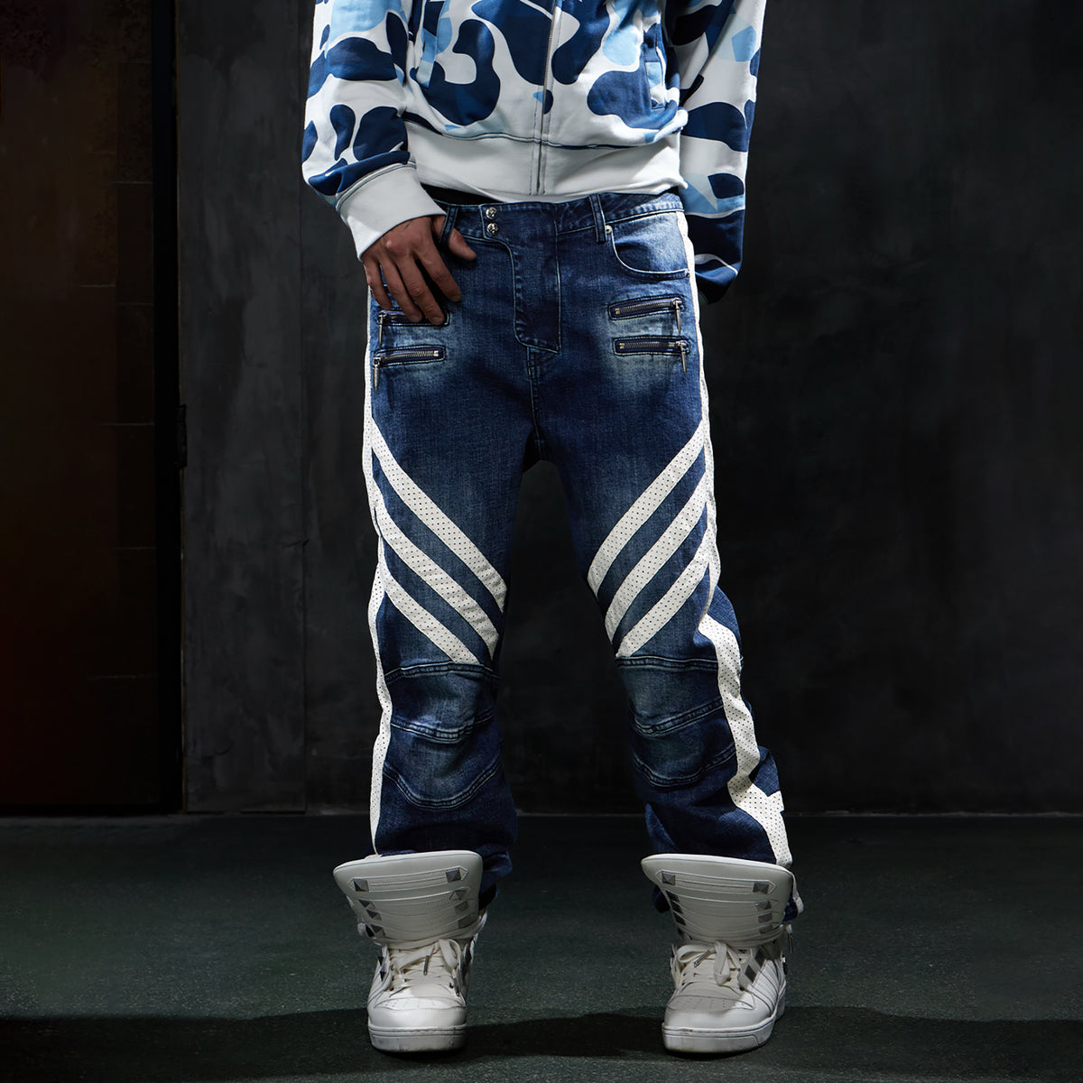 DND4DES Retro Washed Spliced Slim Moto Jeans