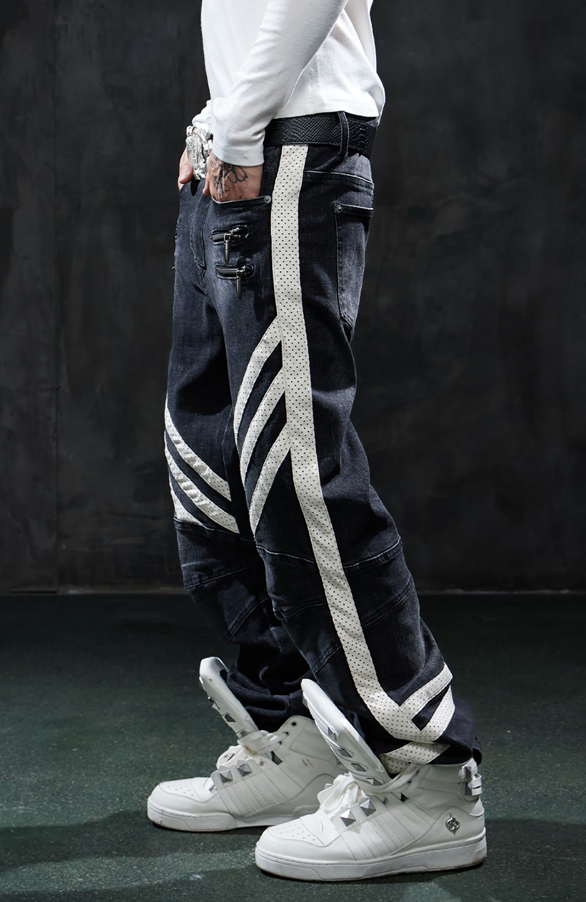 DND4DES Retro Washed Spliced Slim Moto Jeans
