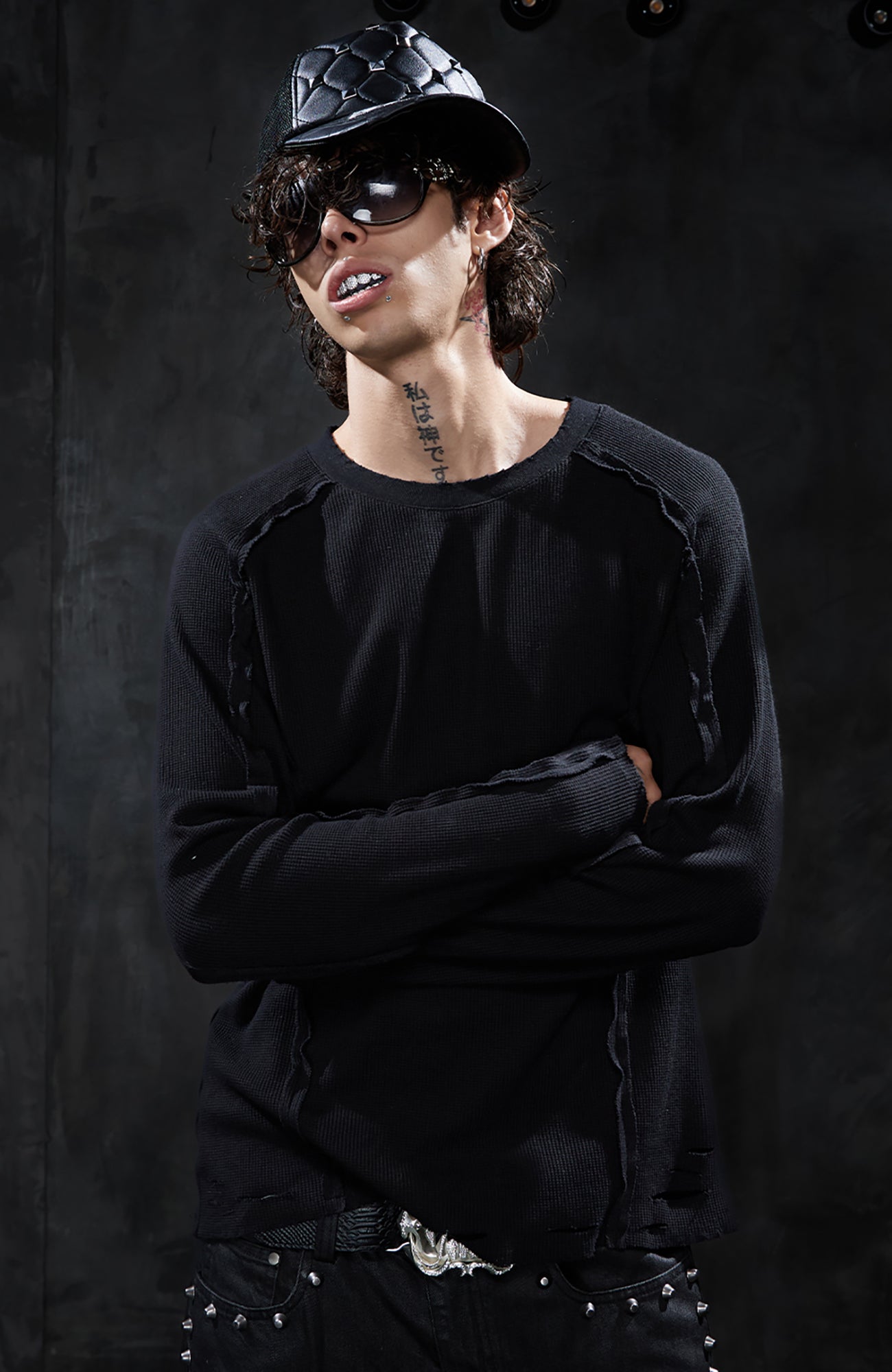 DND4DES Retro Deconstructed Waffle-Knit Long-Sleeve Tee
