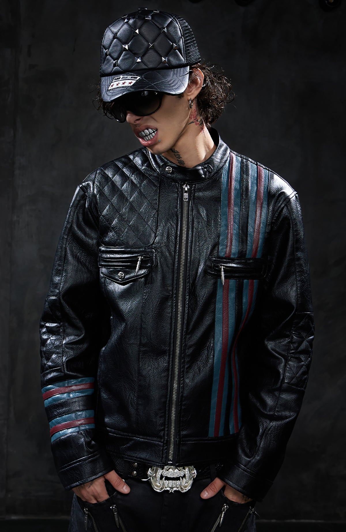 DND4DES Retro Quilted Patchwork Colorblock Biker Jacket
