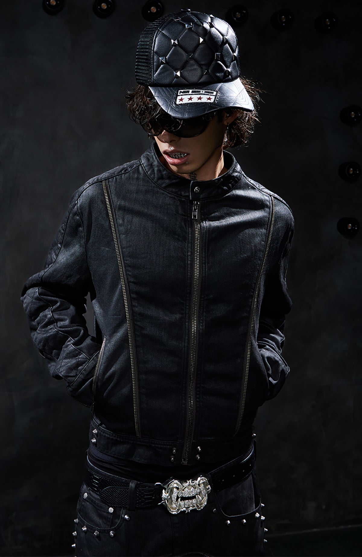 DND4DES Studded Wax-Brushed Zip-Up Denim Jacket