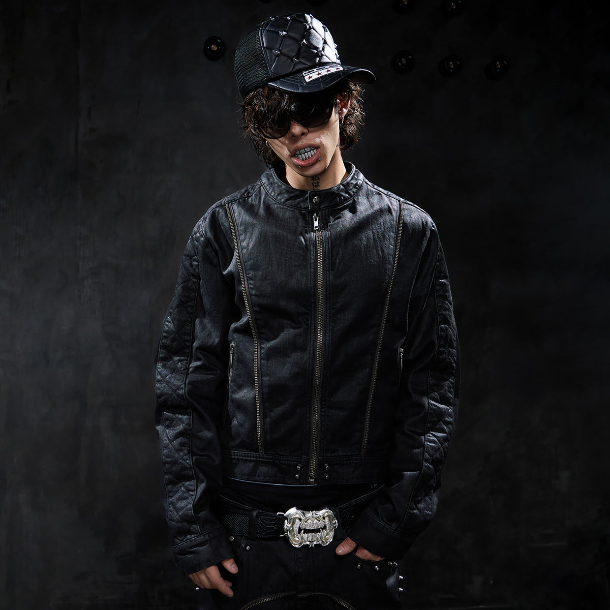 DND4DES Studded Wax-Brushed Zip-Up Denim Jacket