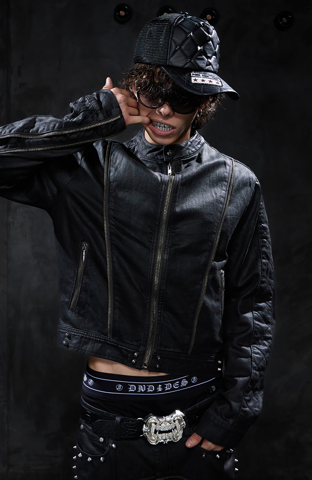 DND4DES Studded Wax-Brushed Zip-Up Denim Jacket