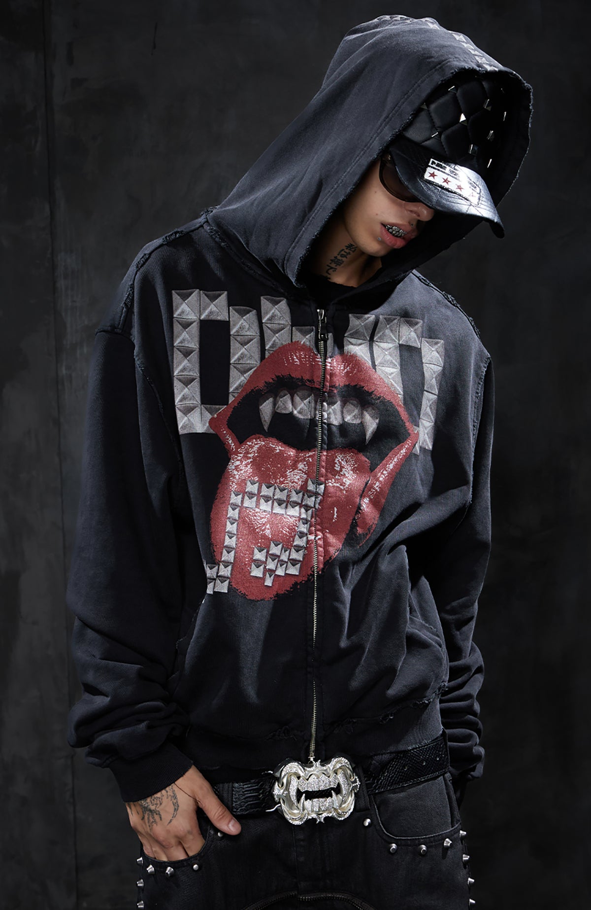 DND4DES Studded Graphic Zip-Up Hoodie