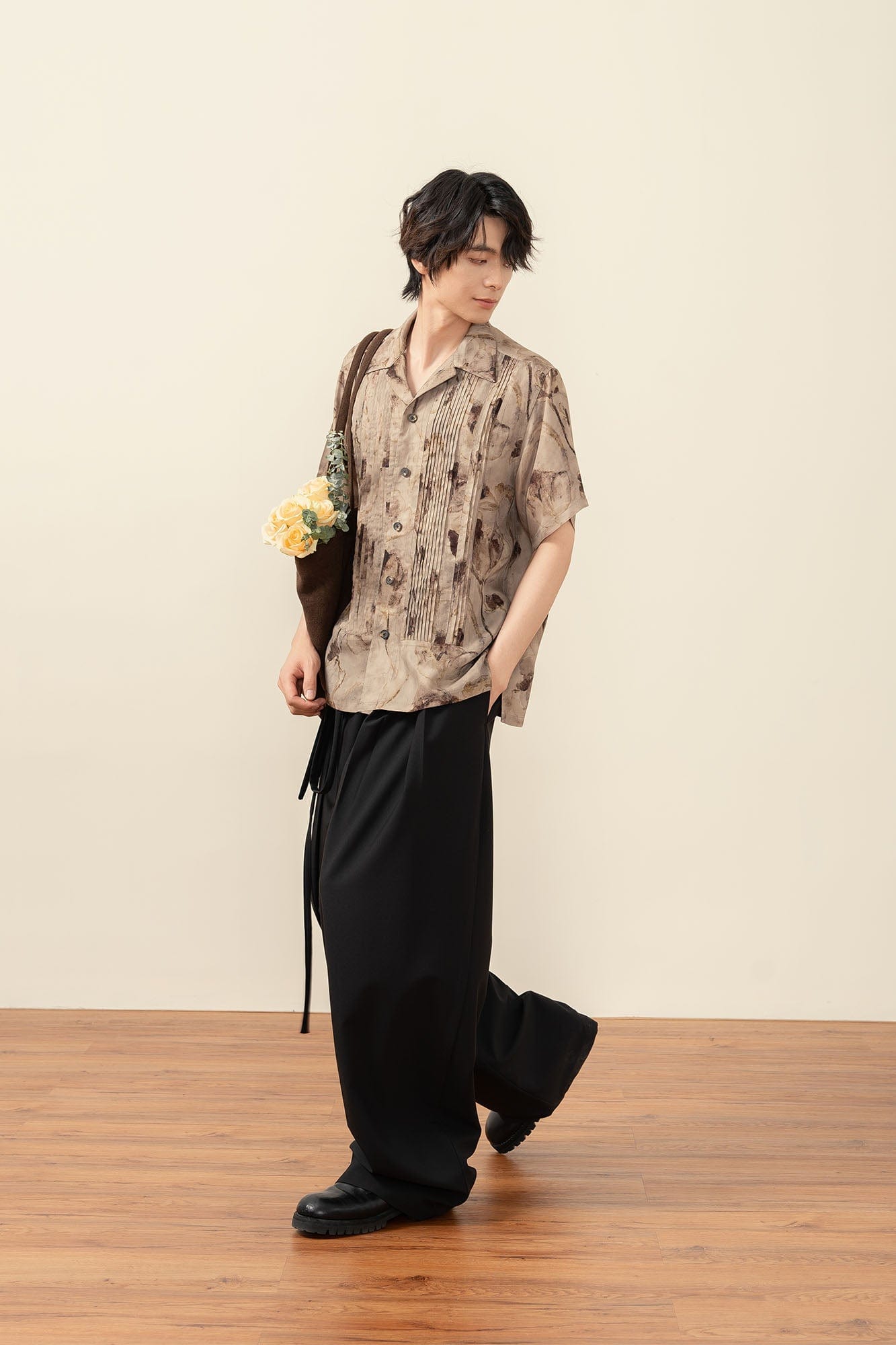MOITIEDEPETALE Floral Accordion Pleats Cupro Blended Half Shirt, premium urban and streetwear designers apparel on PROJECTISR.com, MOITIEDEPETALE