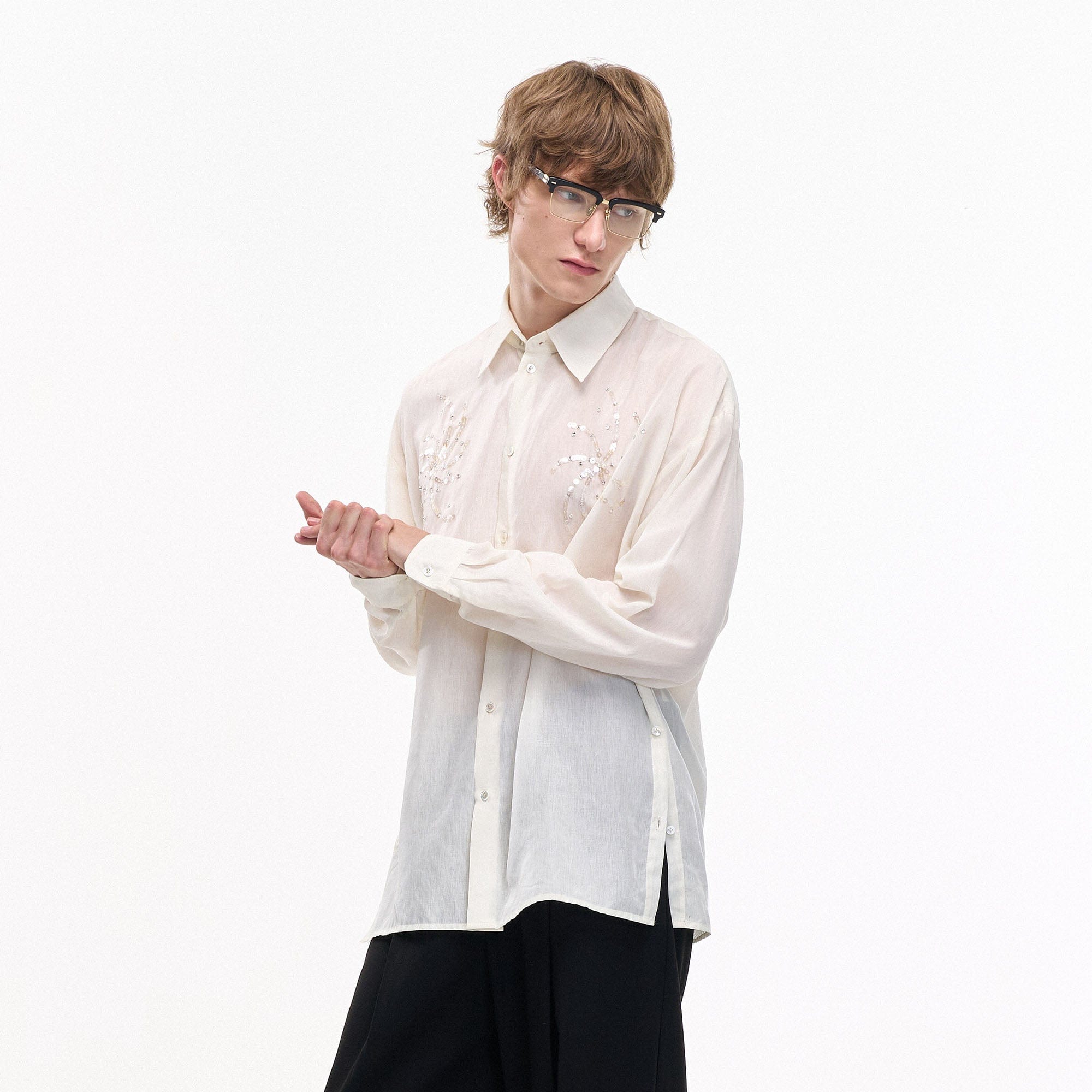 LEONSENSE Firework Embroidered Sequin Sheer Tencel Shirt, premium urban and streetwear designers apparel on PROJECTISR.com, LEONSENSE