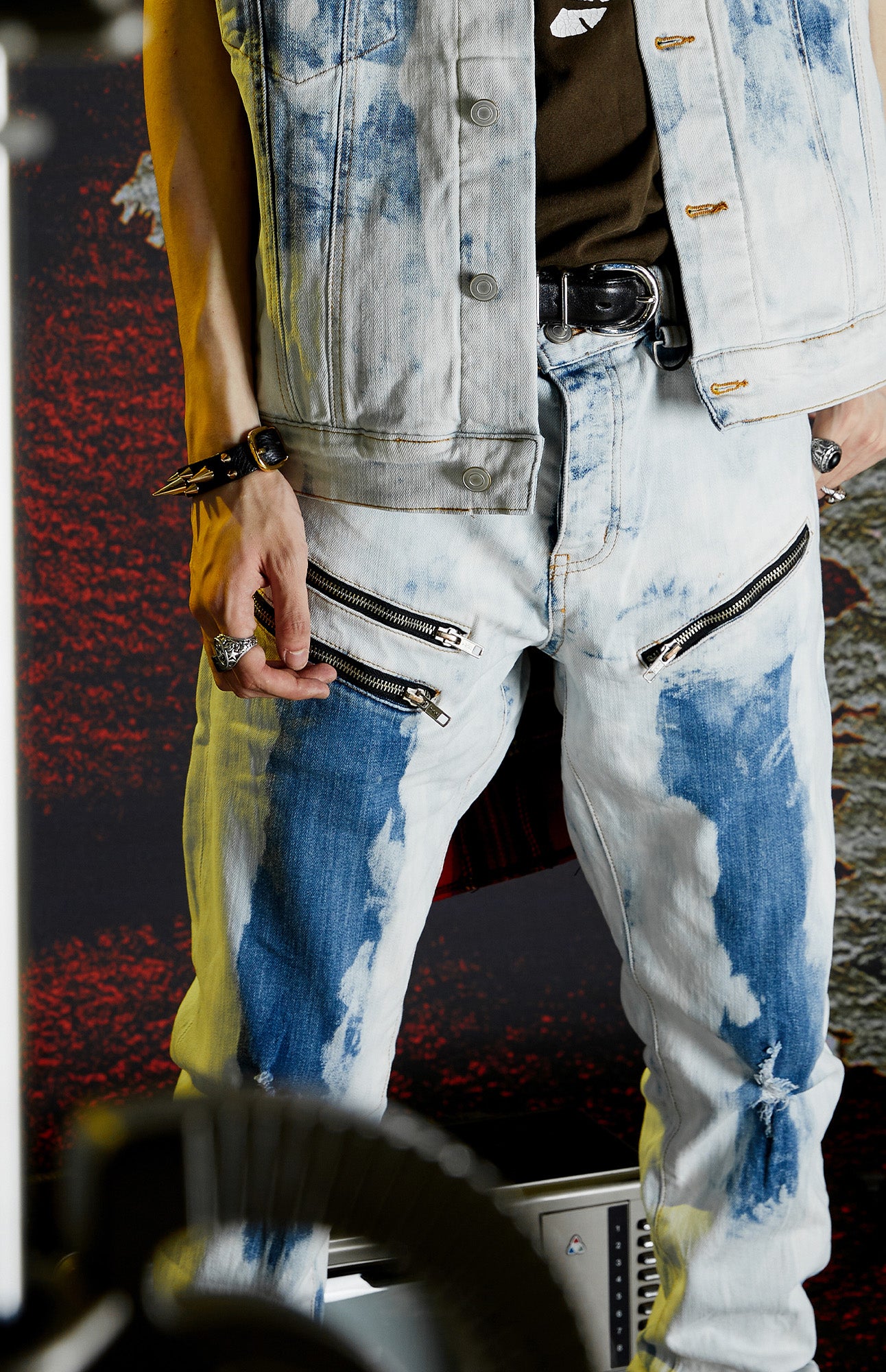 VENTUREK Distressed Washed Zippered Studded Slim Jeans, premium urban and streetwear designers apparel on PROJECTISR.com, VENTUREK