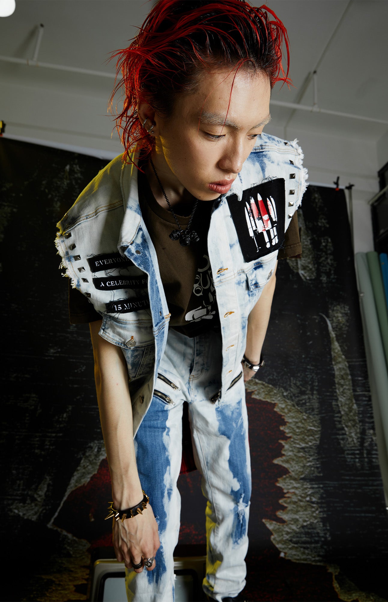 VENTUREK Distressed Washed Studded Patch Denim Vest, premium urban and streetwear designers apparel on PROJECTISR.com, VENTUREK
