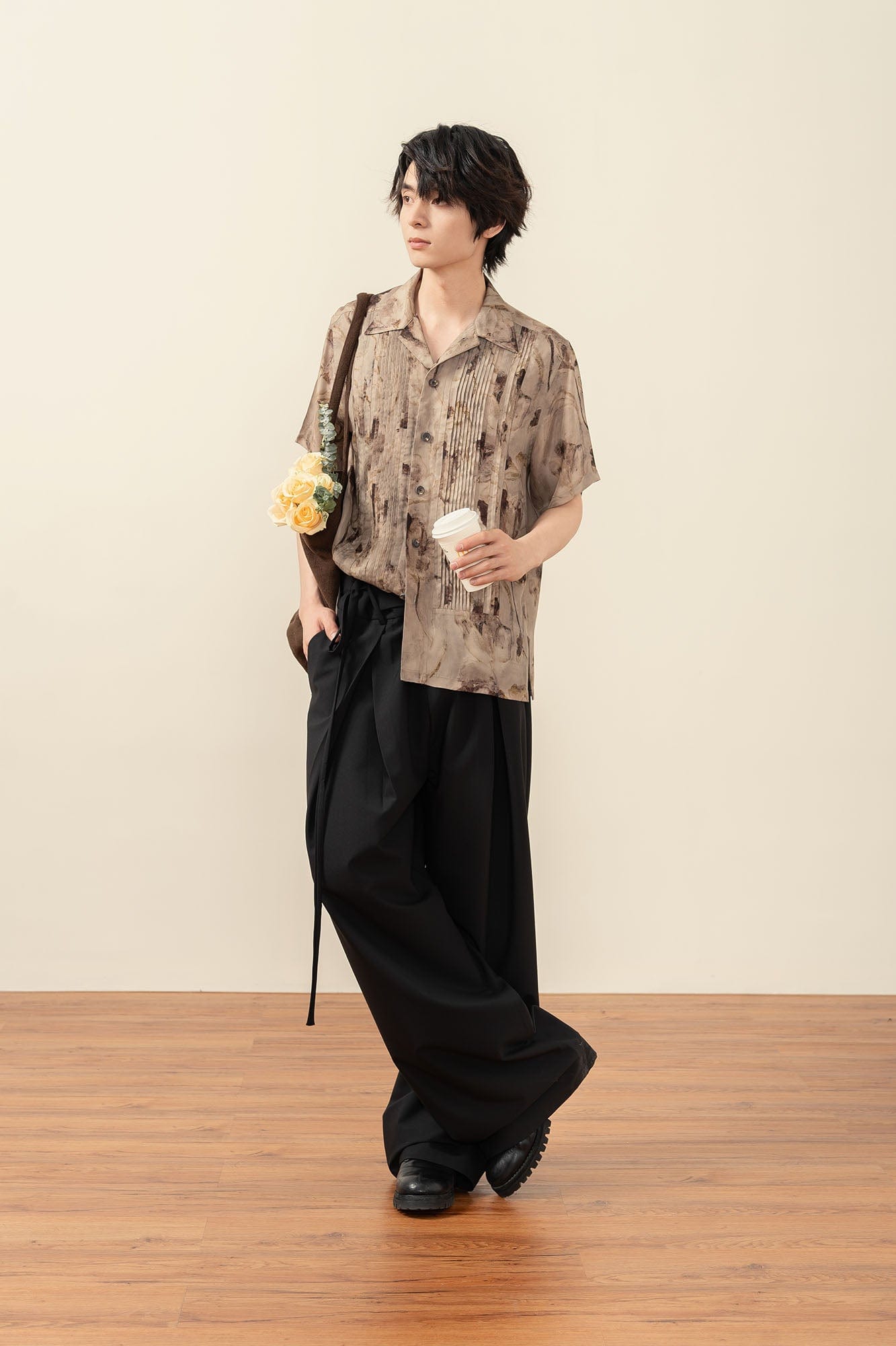 MOITIEDEPETALE Floral Accordion Pleats Cupro Blended Half Shirt, premium urban and streetwear designers apparel on PROJECTISR.com, MOITIEDEPETALE