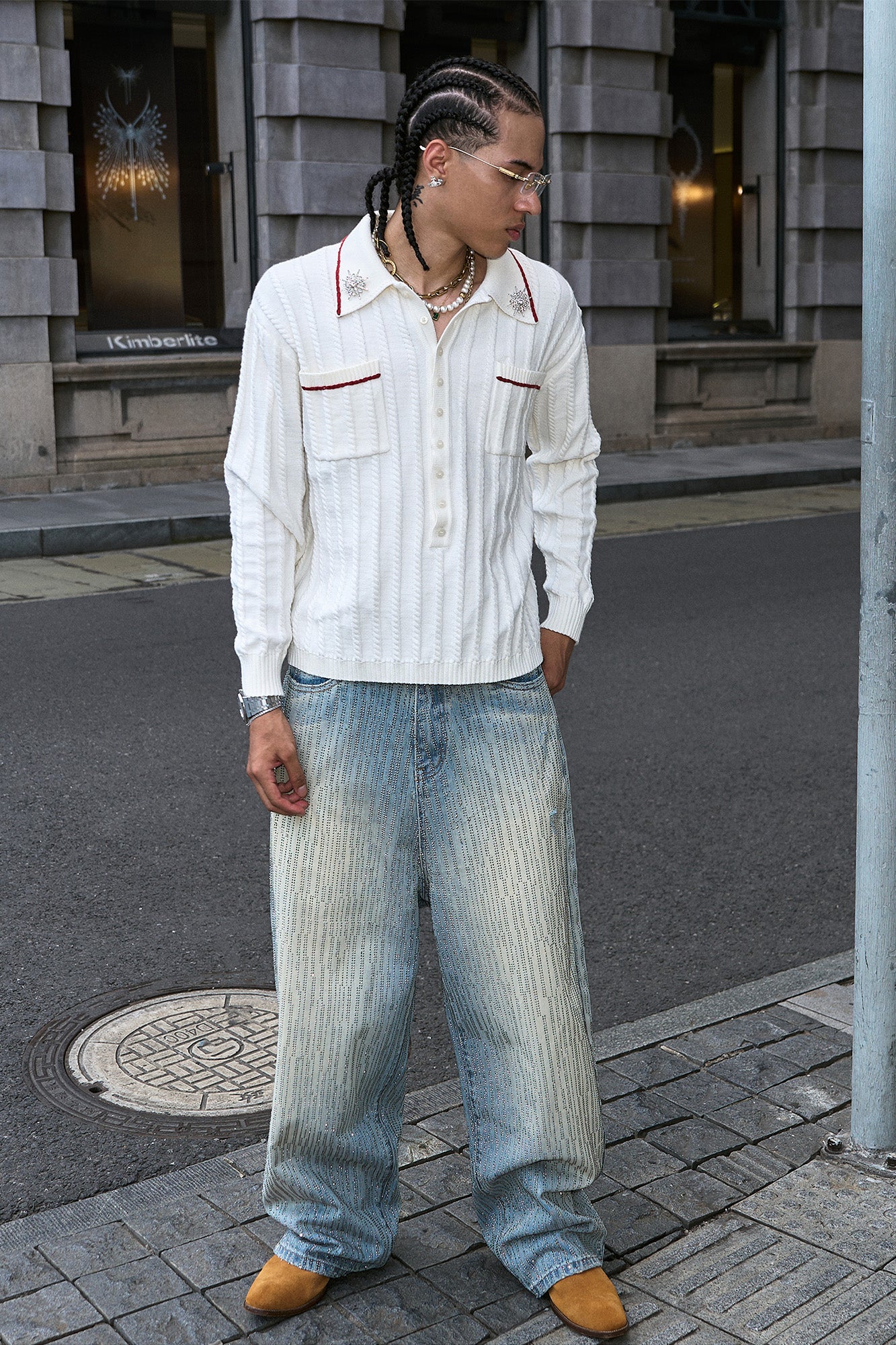 STEEPC Washed Rhinestone Embellished Baggy Jeans
