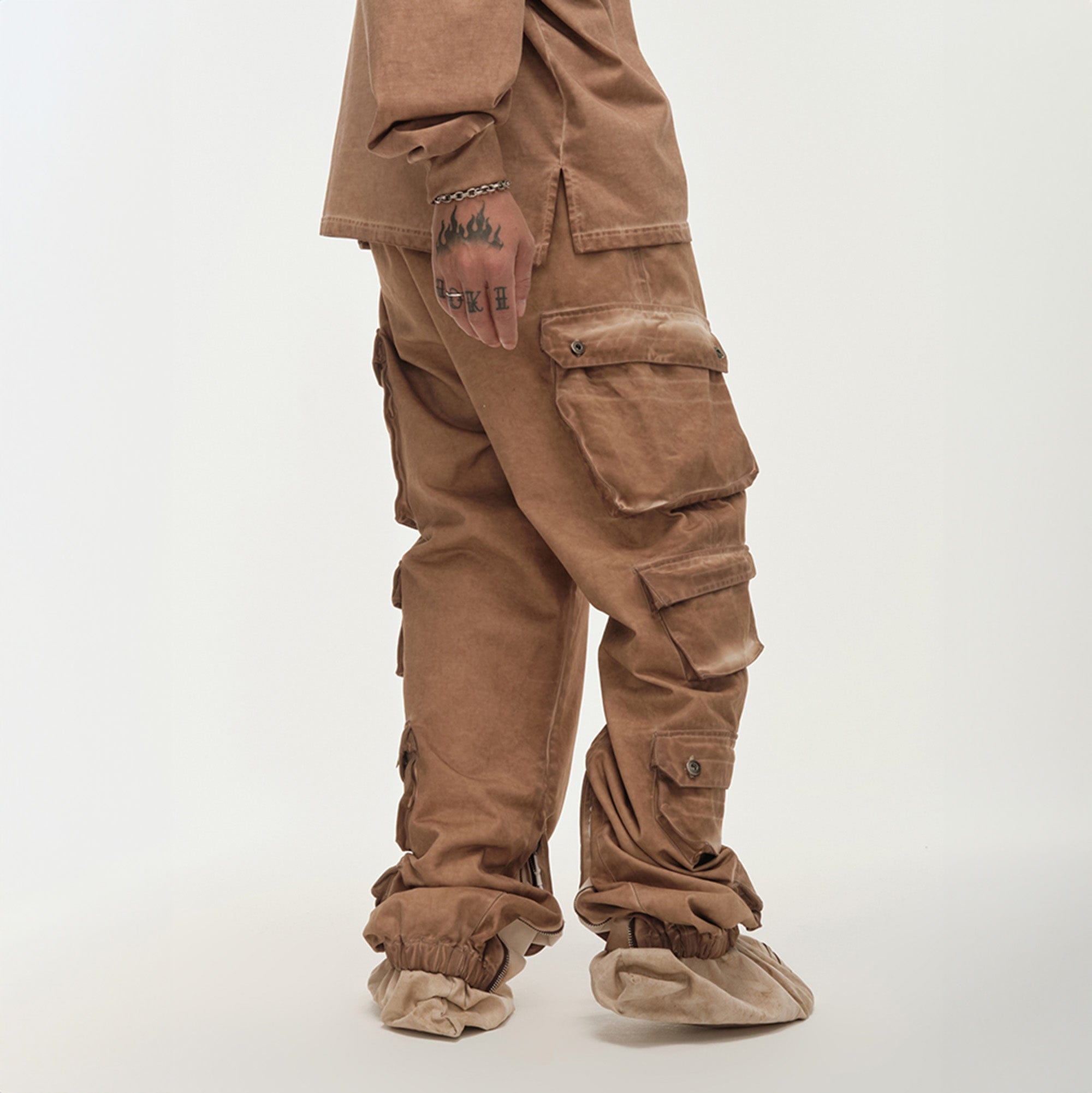 LIFEGOESON Distressed Multi-Pocket Layered Cargo Pants Earth, premium urban and streetwear designers apparel on PROJECTISR.com, LIFEGOESON