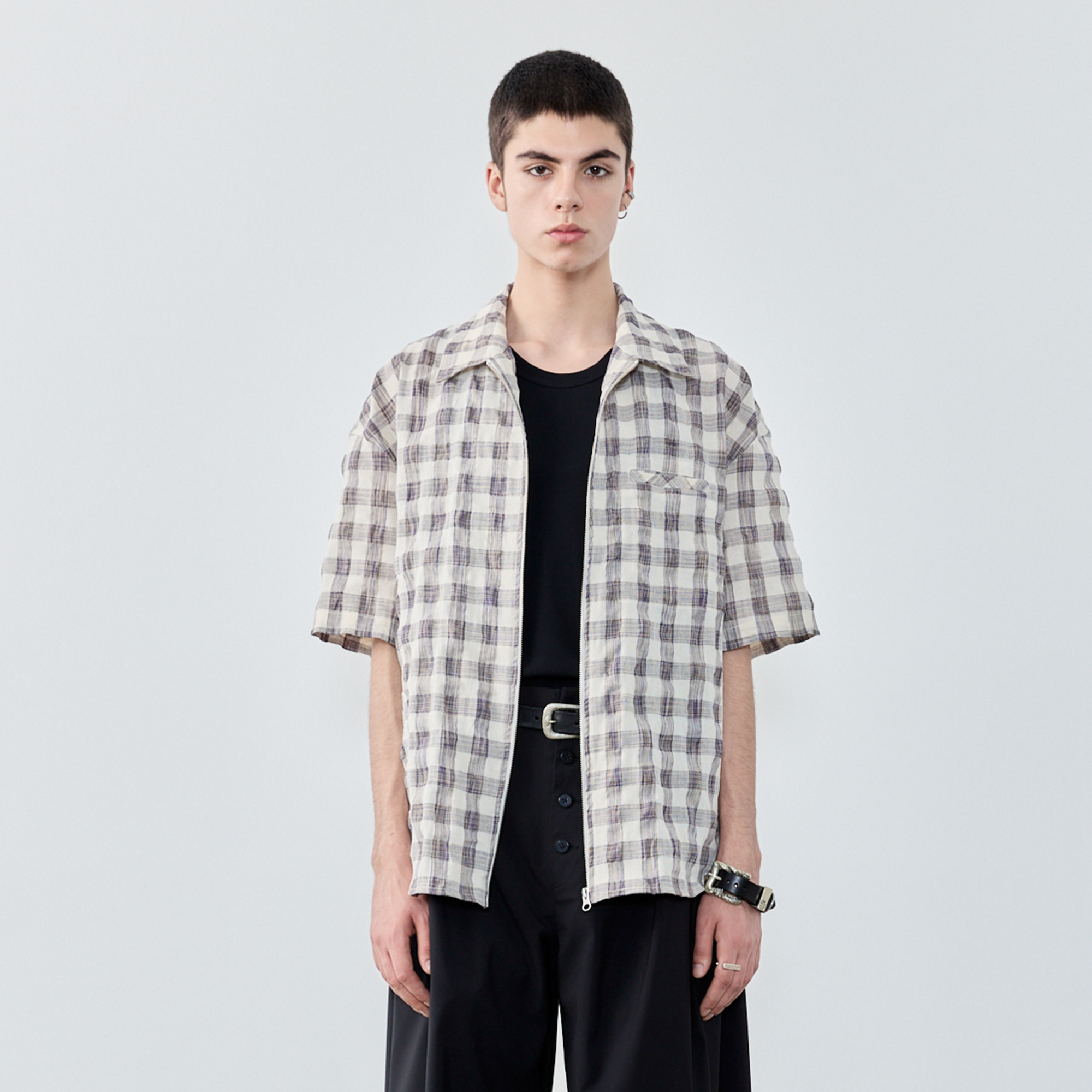 GRAINMUSTARD Retro Plaid Zip Half Shirt, premium urban and streetwear designers apparel on PROJECTISR.com, GRAINMUSTARD