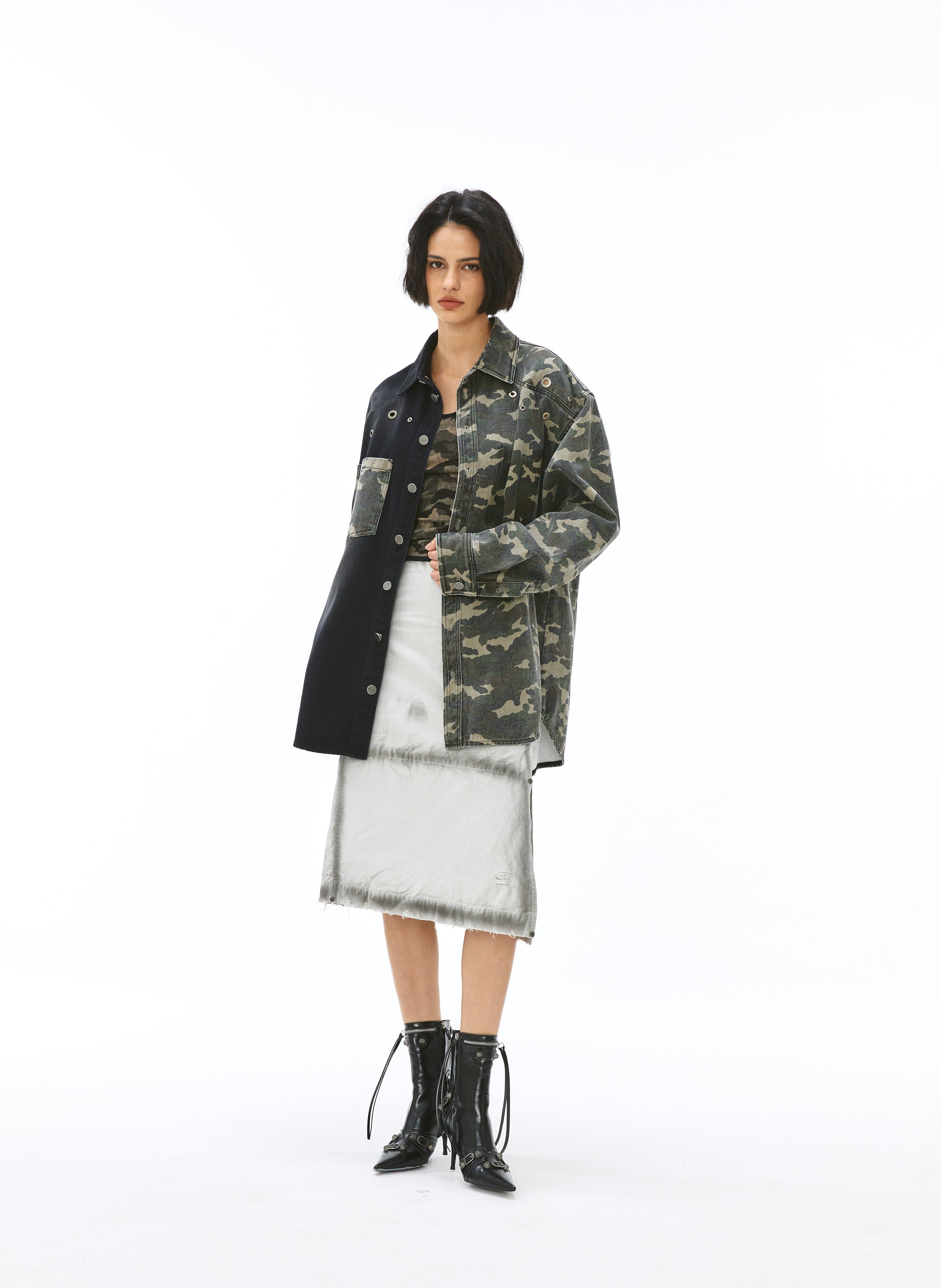 VANN VALRENCE Paneled Camo Denim Shirt