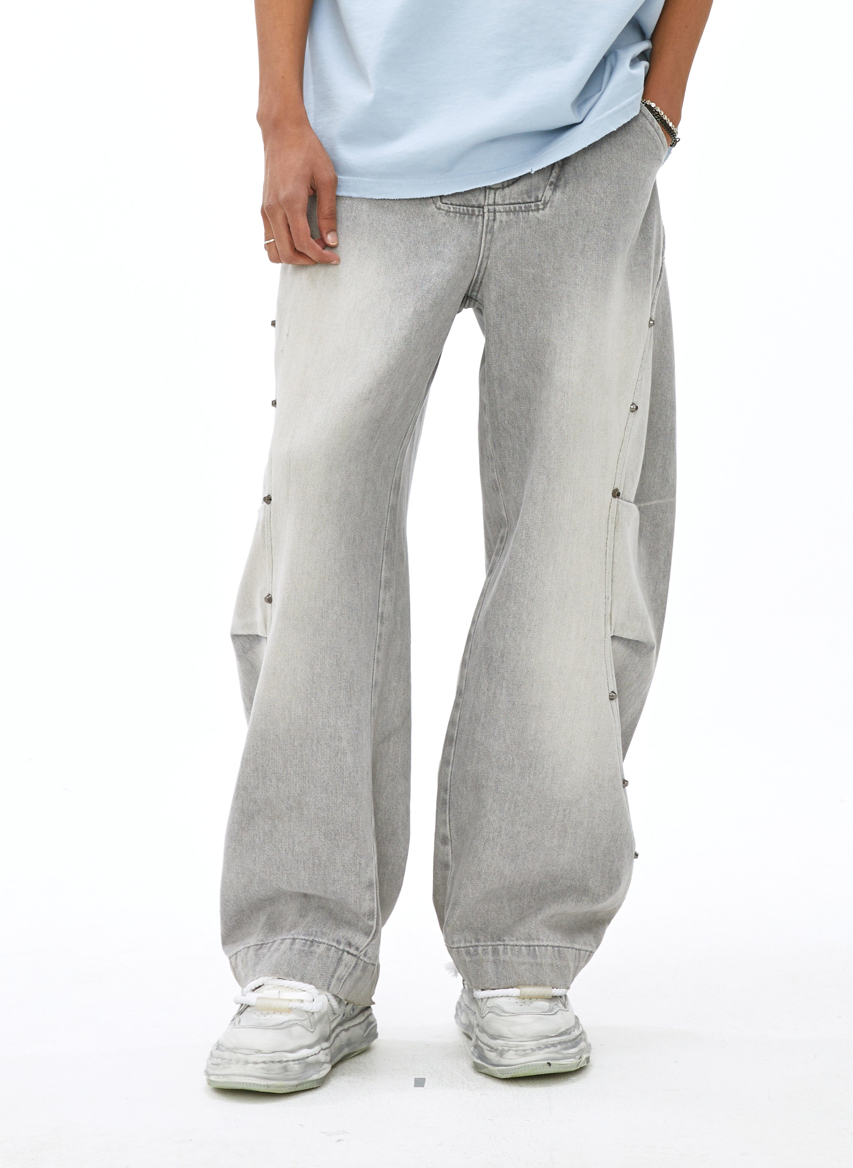 VANN VALRENCE Washed Riveted Curved-Seam Denim Pants