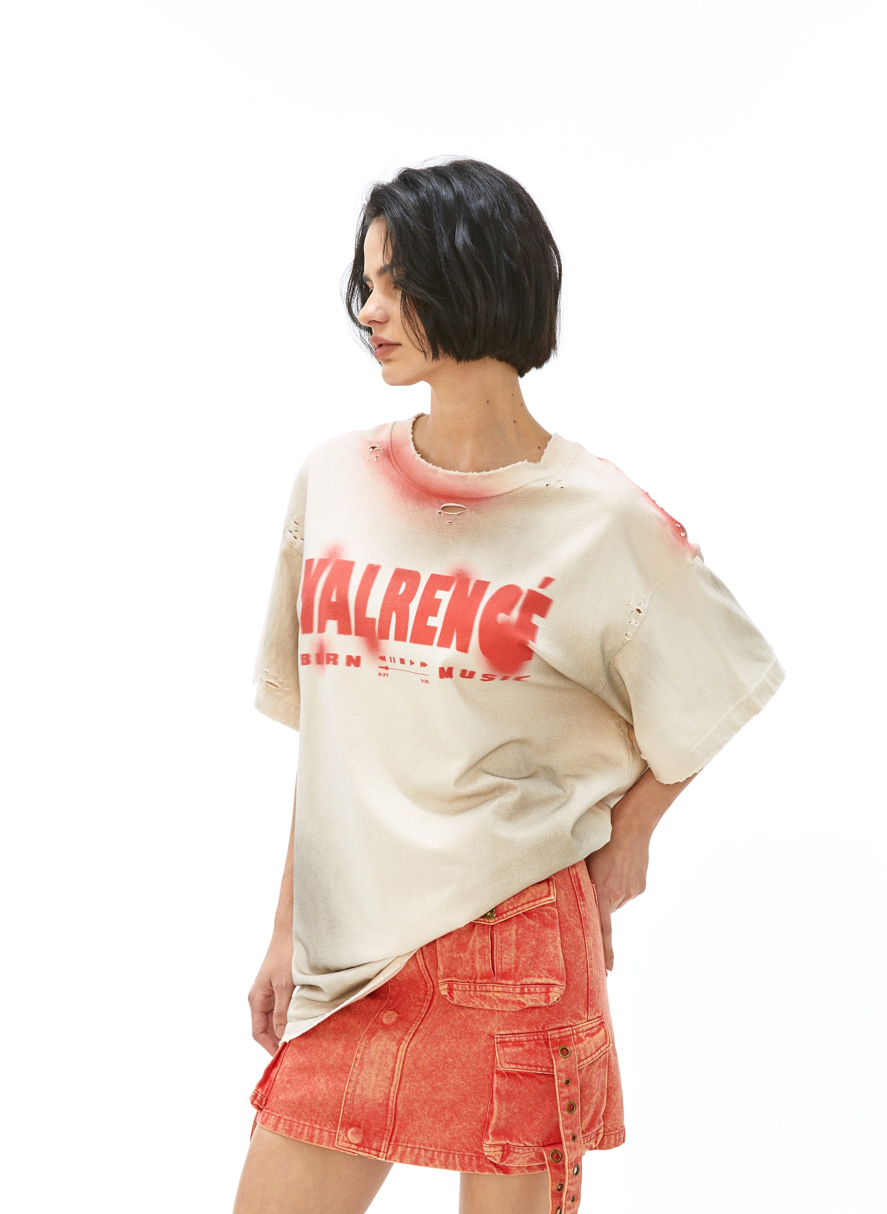 VANN VALRENCE Distressed Washed Spray Faded LOGO T-Shirt