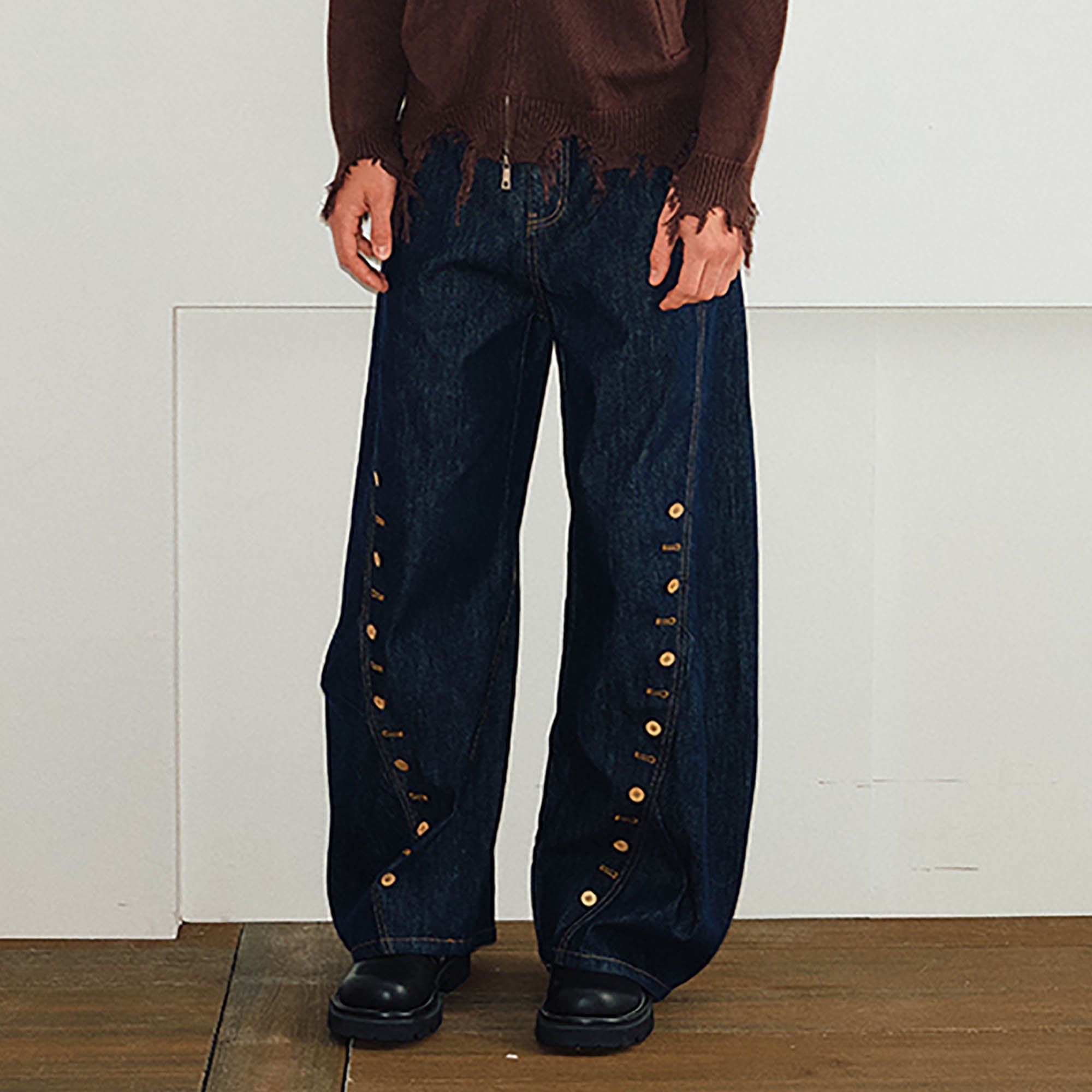 KREATE Button-Trim Curved-Leg Jeans, premium urban and streetwear designers apparel on PROJECTISR.com, KREATE