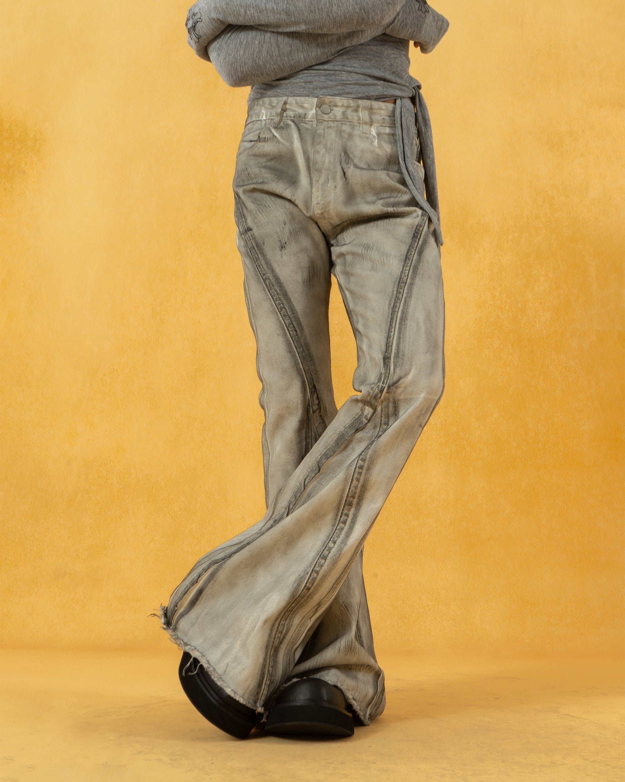 CLP Spliced Distressed Raw Edge Flared Jeans, premium urban and streetwear designers apparel on PROJECTISR.com, CLP