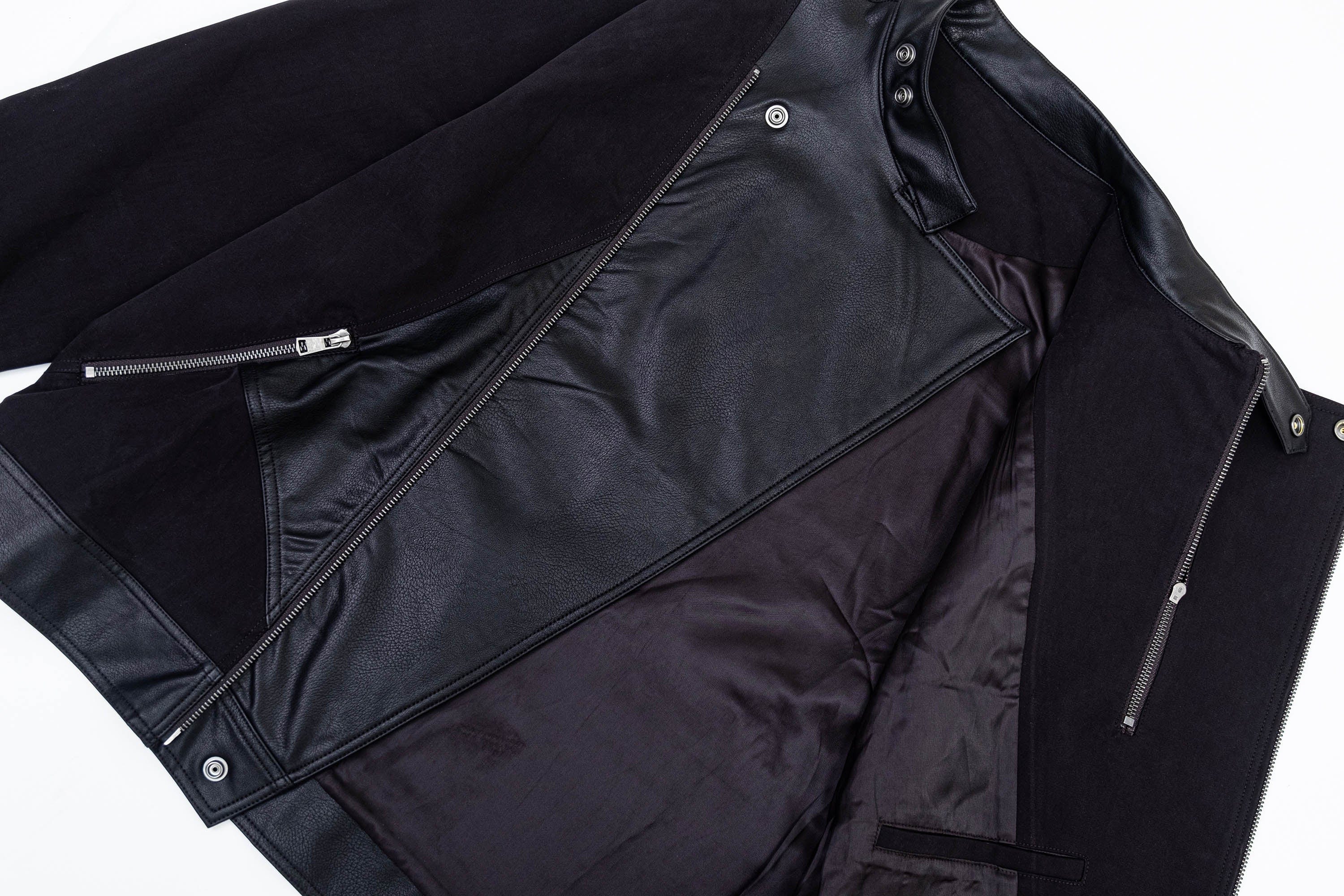 IN EXISTENCE Multi-Zip Asymmetrical Spliced Leather Biker Jacket, premium urban and streetwear designers apparel on PROJECTISR.com, IN EXISTENCE