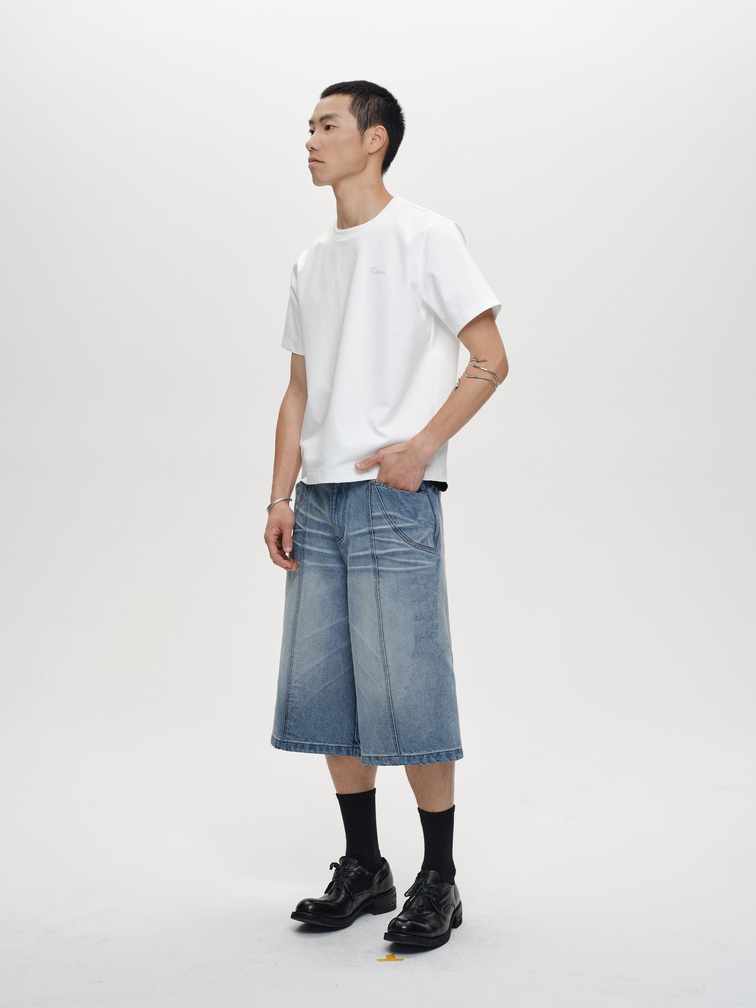 CATSSTAC Whisker-Wash Middle-Spliced Wide-Leg Shorts, premium urban and streetwear designers apparel on PROJECTISR.com, CATSSTAC
