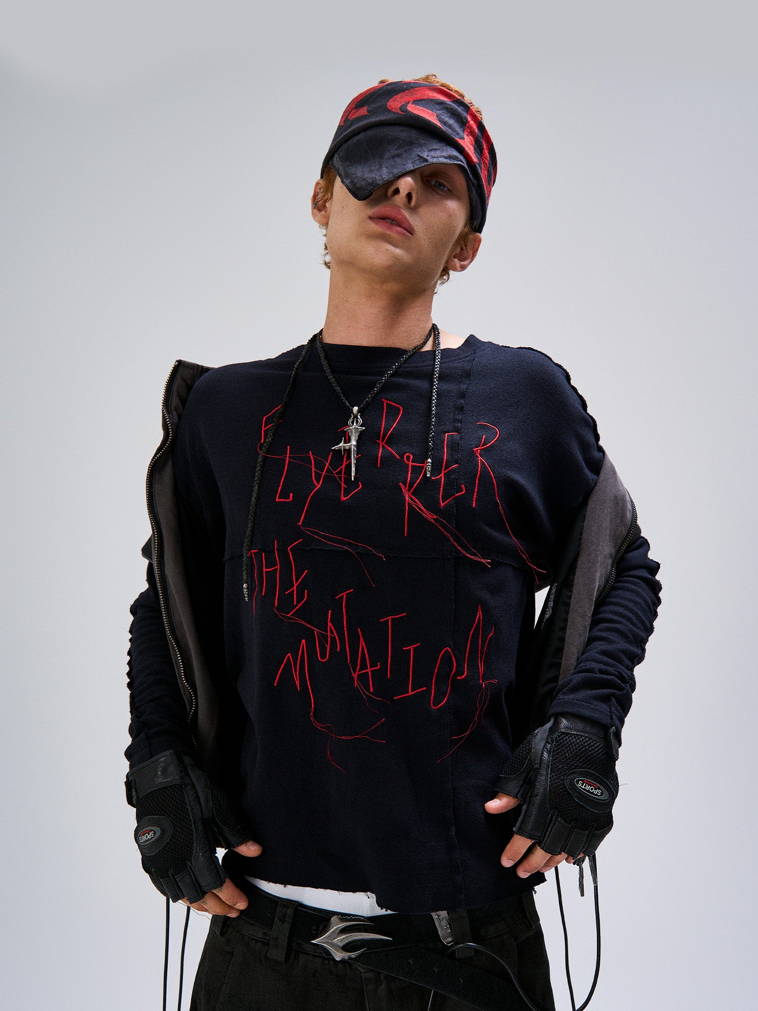 FLYERRER Cross-Panel Contrast Frayed Embroidered Long-Sleeve Tee, premium urban and streetwear designers apparel on PROJECTISR.com, FLYERRER