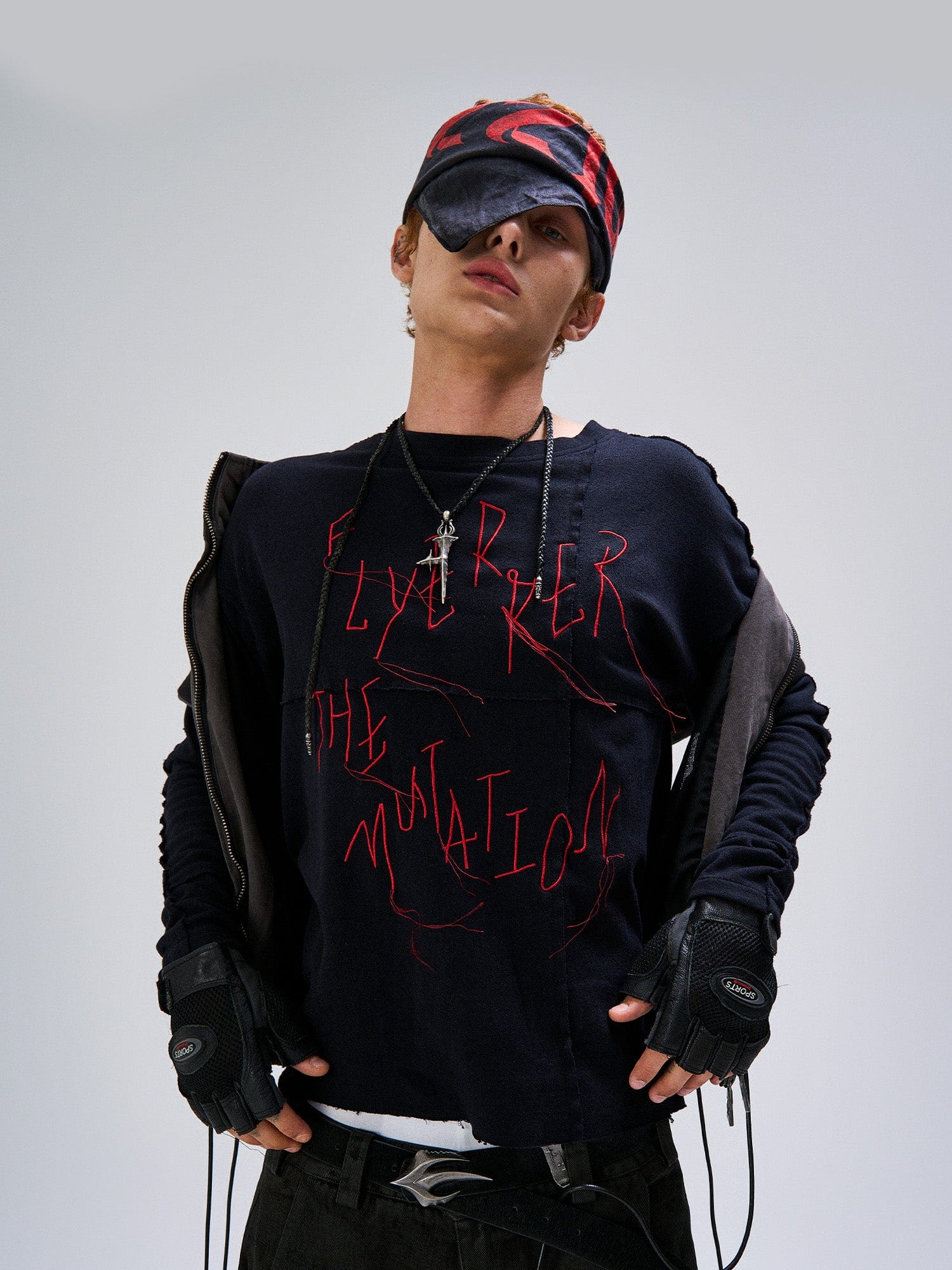 FLYERRER Cross-Panel Contrast Frayed Embroidered Long-Sleeve Tee, premium urban and streetwear designers apparel on PROJECTISR.com, FLYERRER