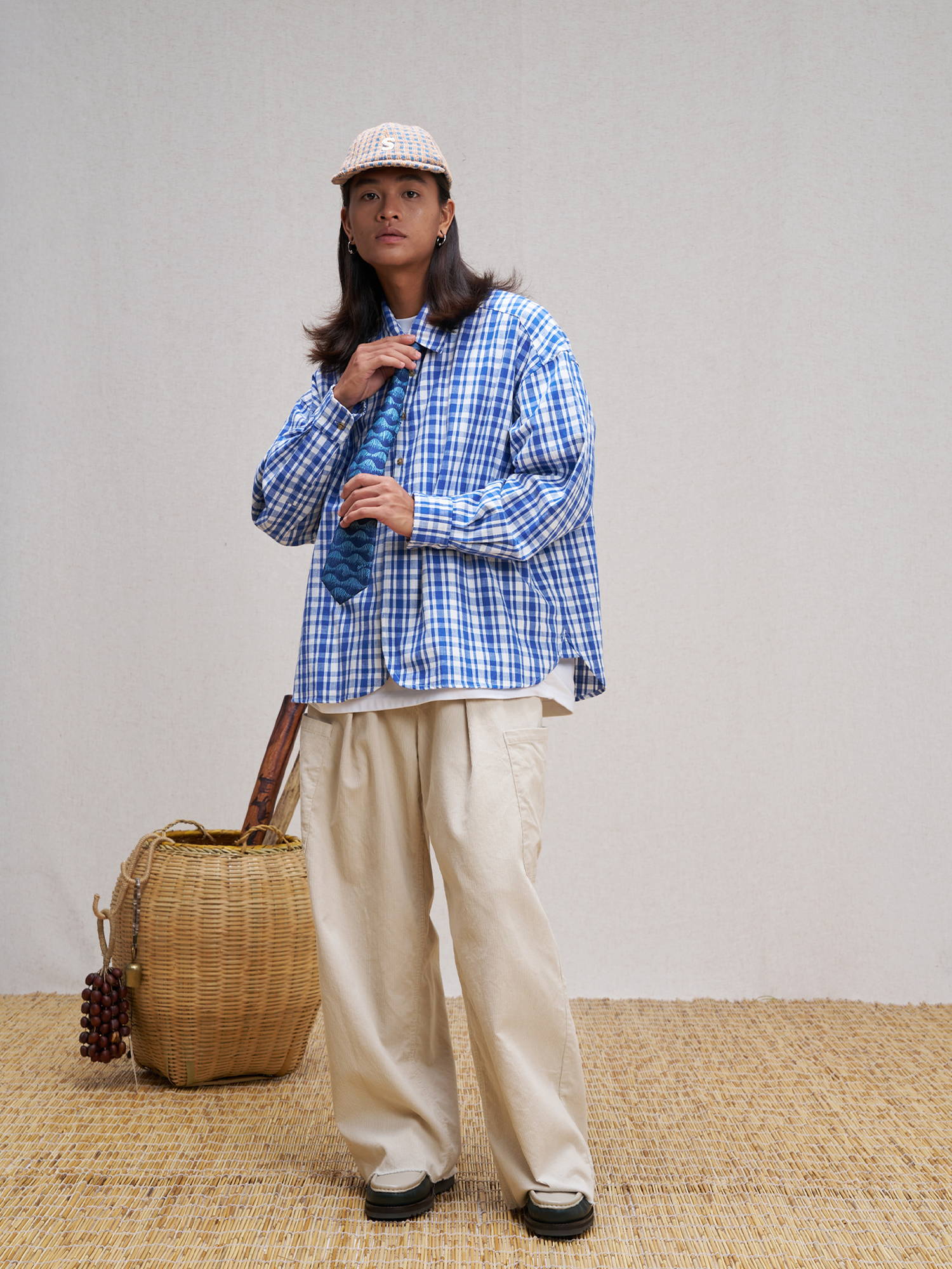 UNLIMITED MOTE Plaid Linen-Blend Half-Open Collar Shirt Blue, premium urban and streetwear designers apparel on PROJECTISR.com, UNLIMITED MOTE