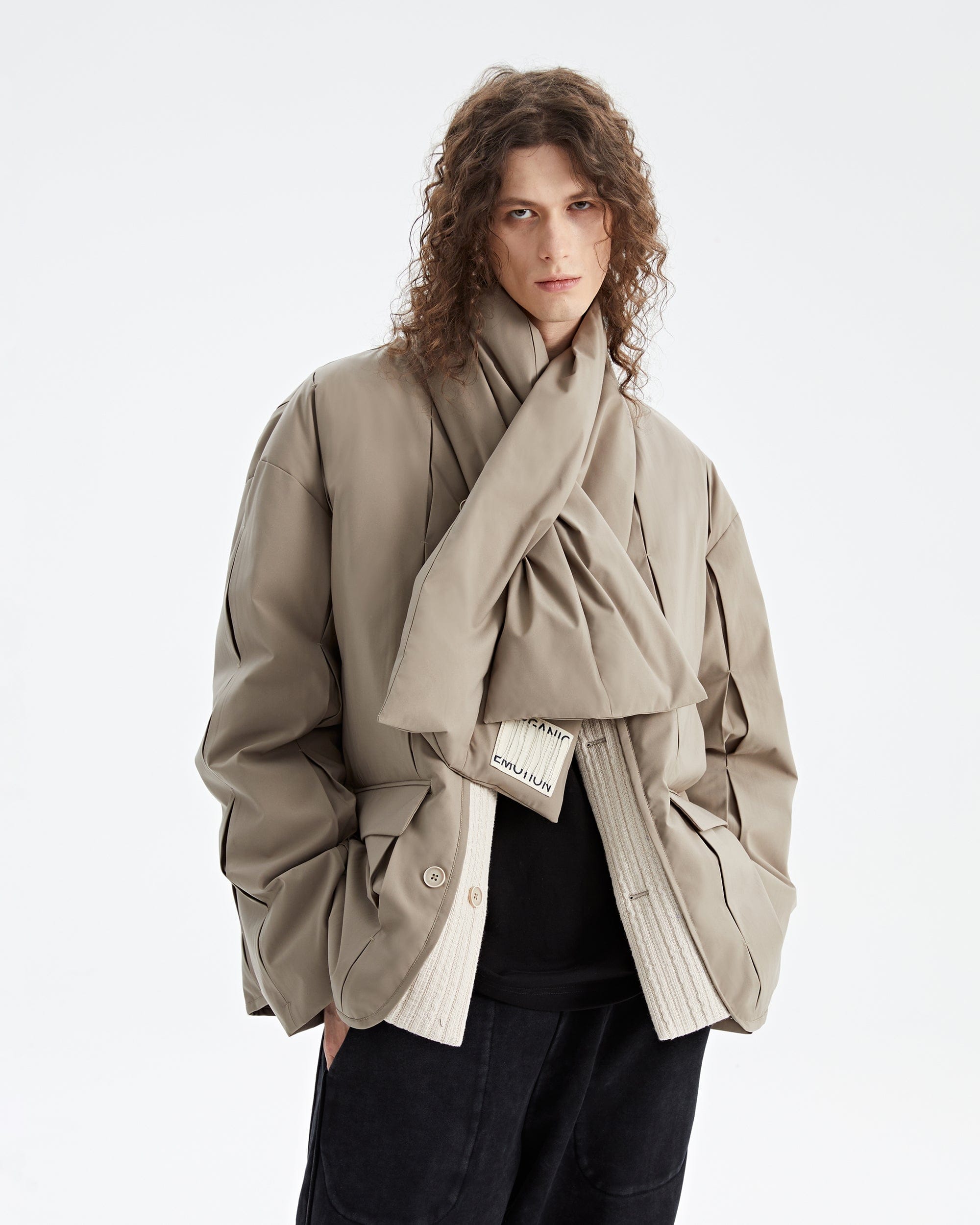 ORGANIC EMOTION Spliced Waterproof Duck Down Scarf Jacket, premium urban and streetwear designers apparel on PROJECTISR.com, ORGANIC EMOTION