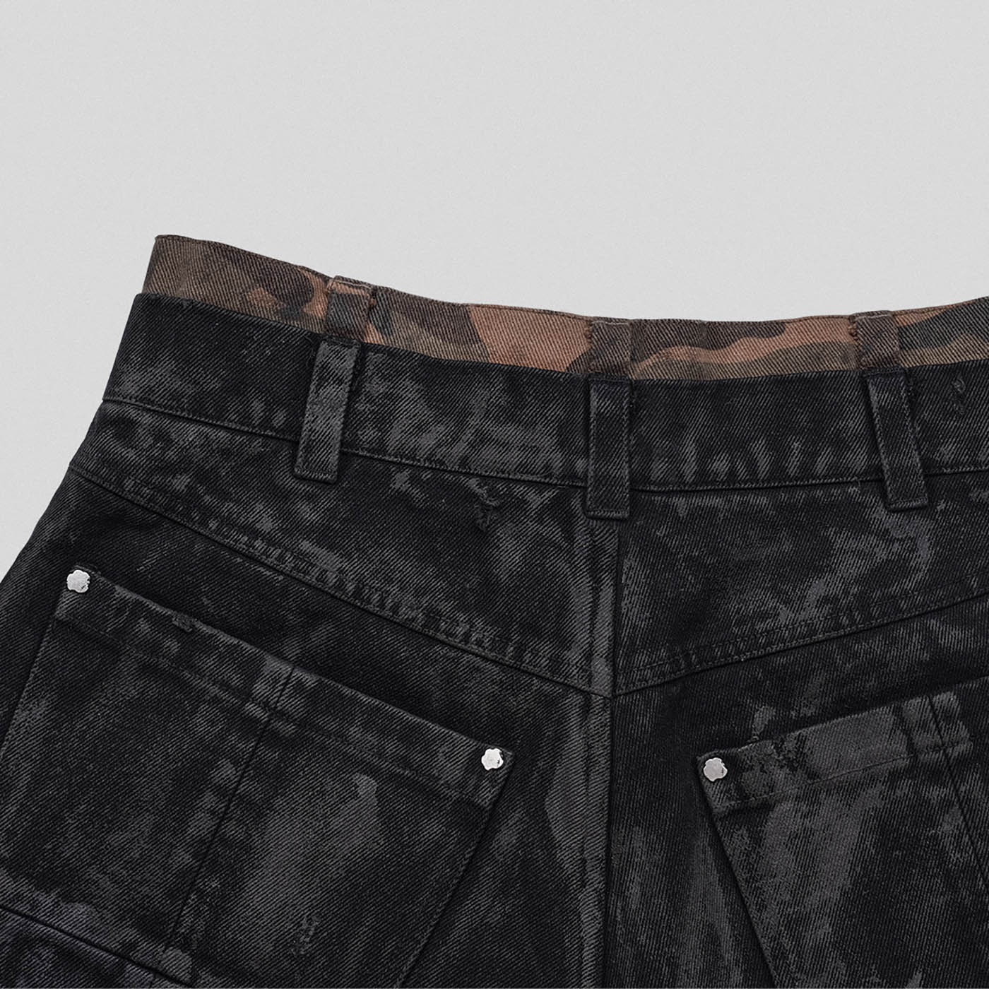 UNDERWATER Double-Layered Ripped Camo Shorts Black, premium urban and streetwear designers apparel on PROJECTISR.com, UNDERWATER