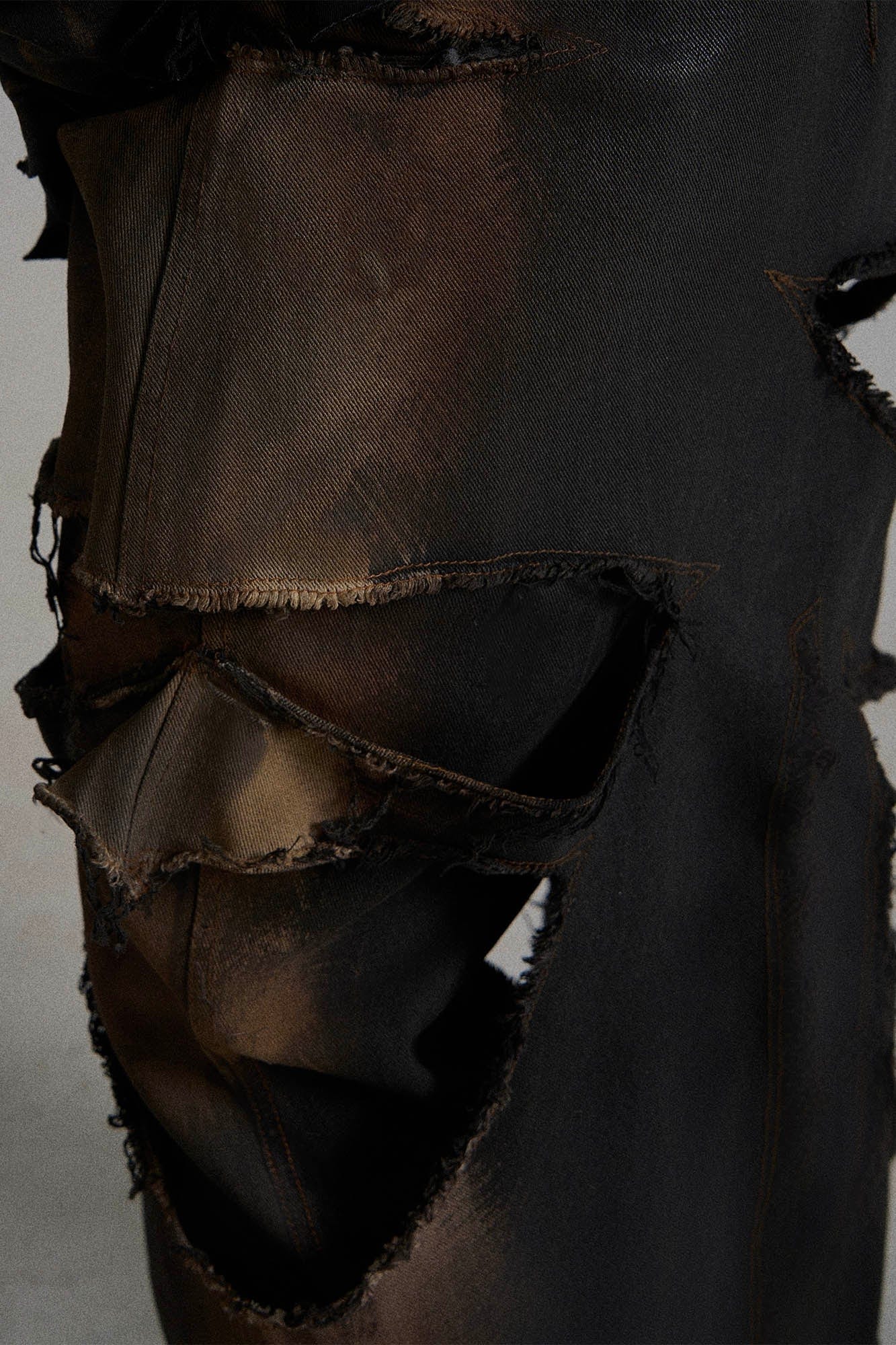 FLYERRER Heavily Distressed Asymmetrical Double-Layer Ripped Jeans, premium urban and streetwear designers apparel on PROJECTISR.com, FLYERRER