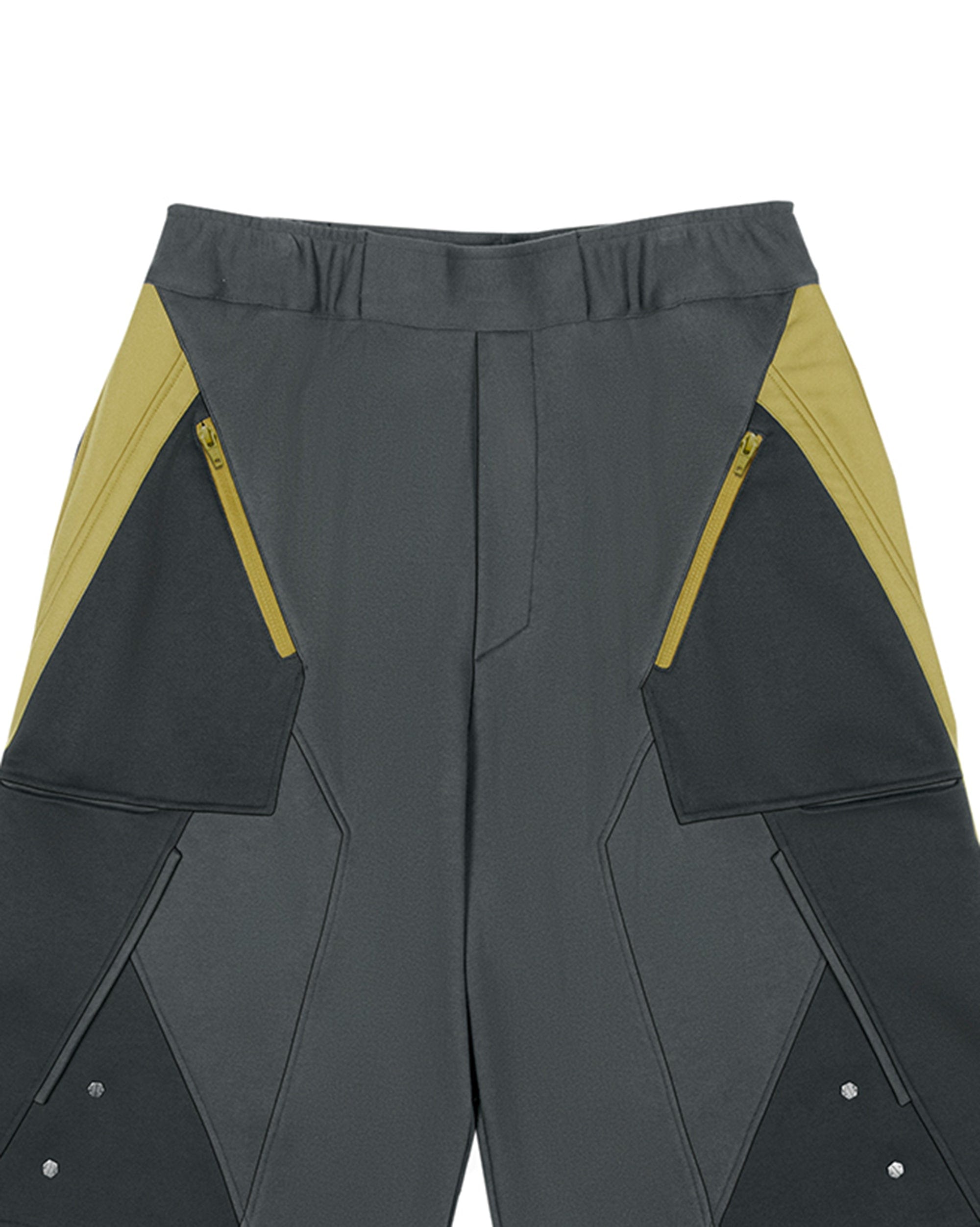 XIPHEVIL Deconstructed Zipper Rivet Shorts Yellow, premium urban and streetwear designers apparel on PROJECTISR.com, XIPHEVIL