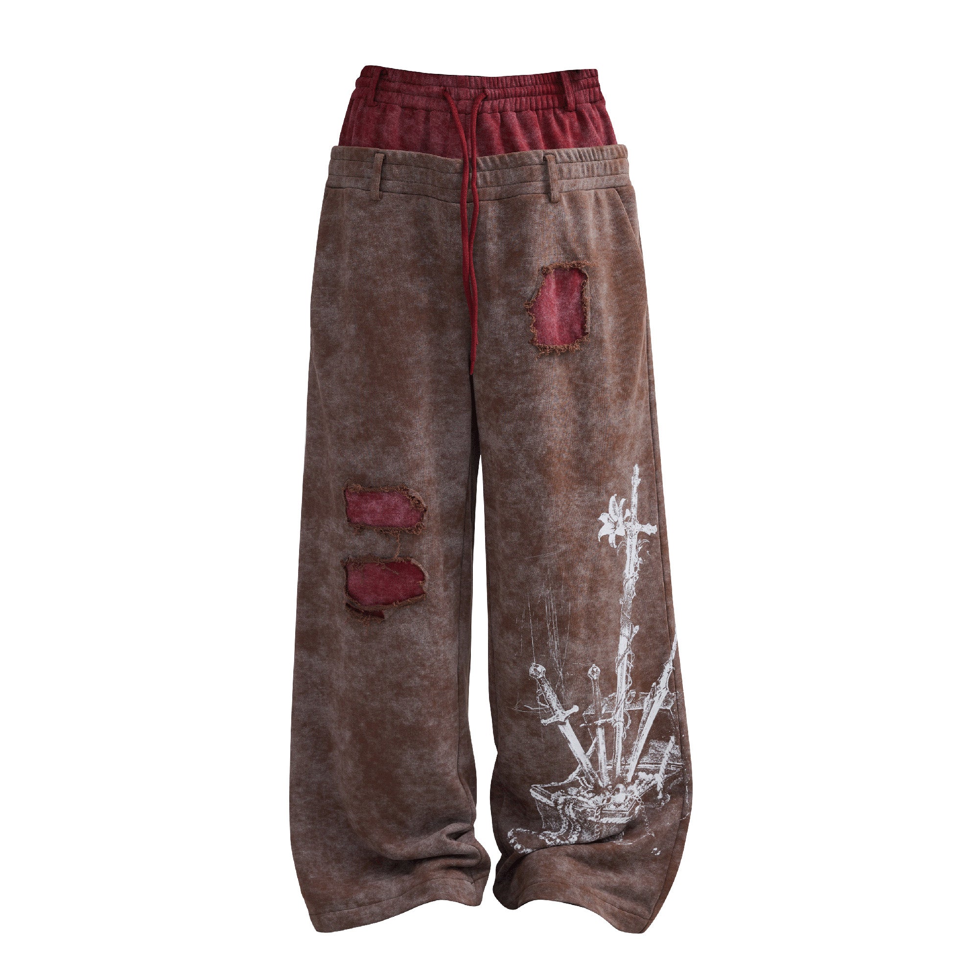 OIPWORD Distressed Ship Graphic Double-Waist Pants