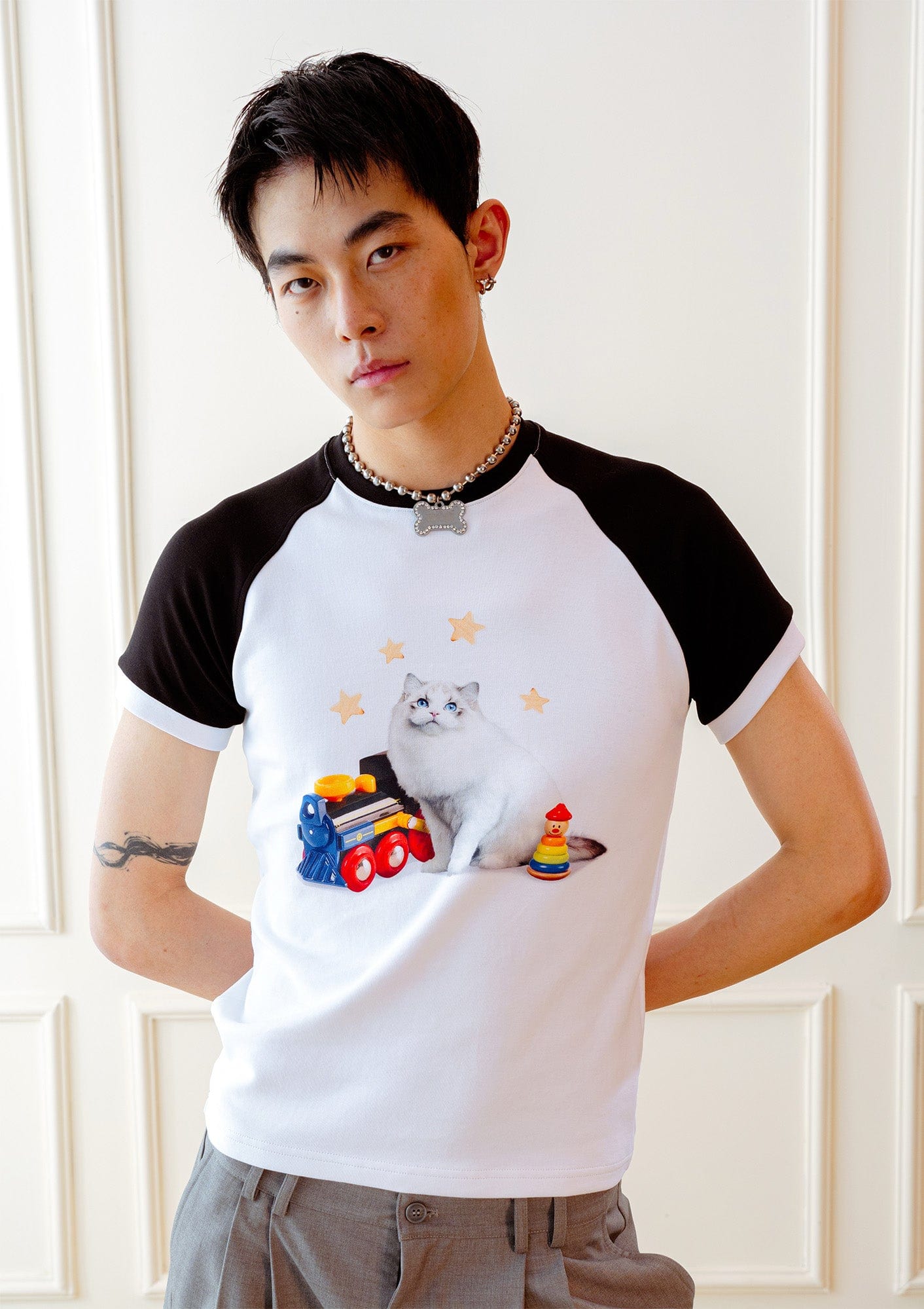 KADAKADA Essential Contrast Raglan Kitty Graphic T-Shirt, premium urban and streetwear designers apparel on PROJECTISR.com, KADAKADA