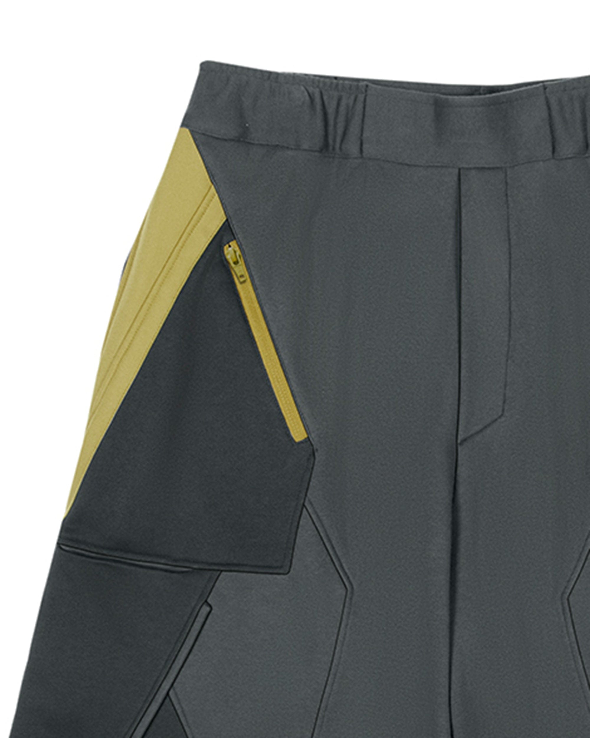 XIPHEVIL Deconstructed Zipper Rivet Shorts Yellow, premium urban and streetwear designers apparel on PROJECTISR.com, XIPHEVIL