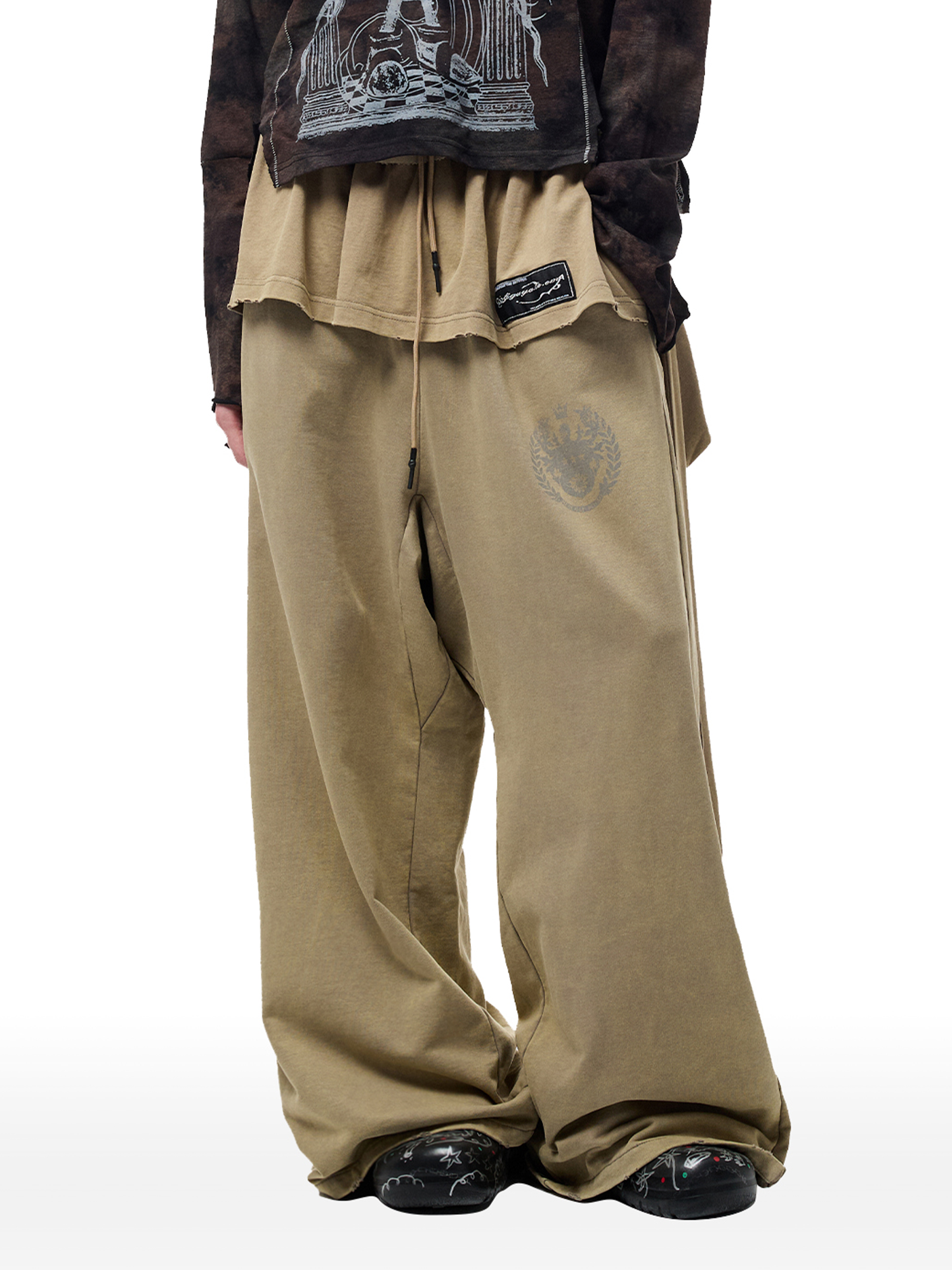 CYCYCY Layered Raw Edge Wide-Leg Sweatpants Khaki