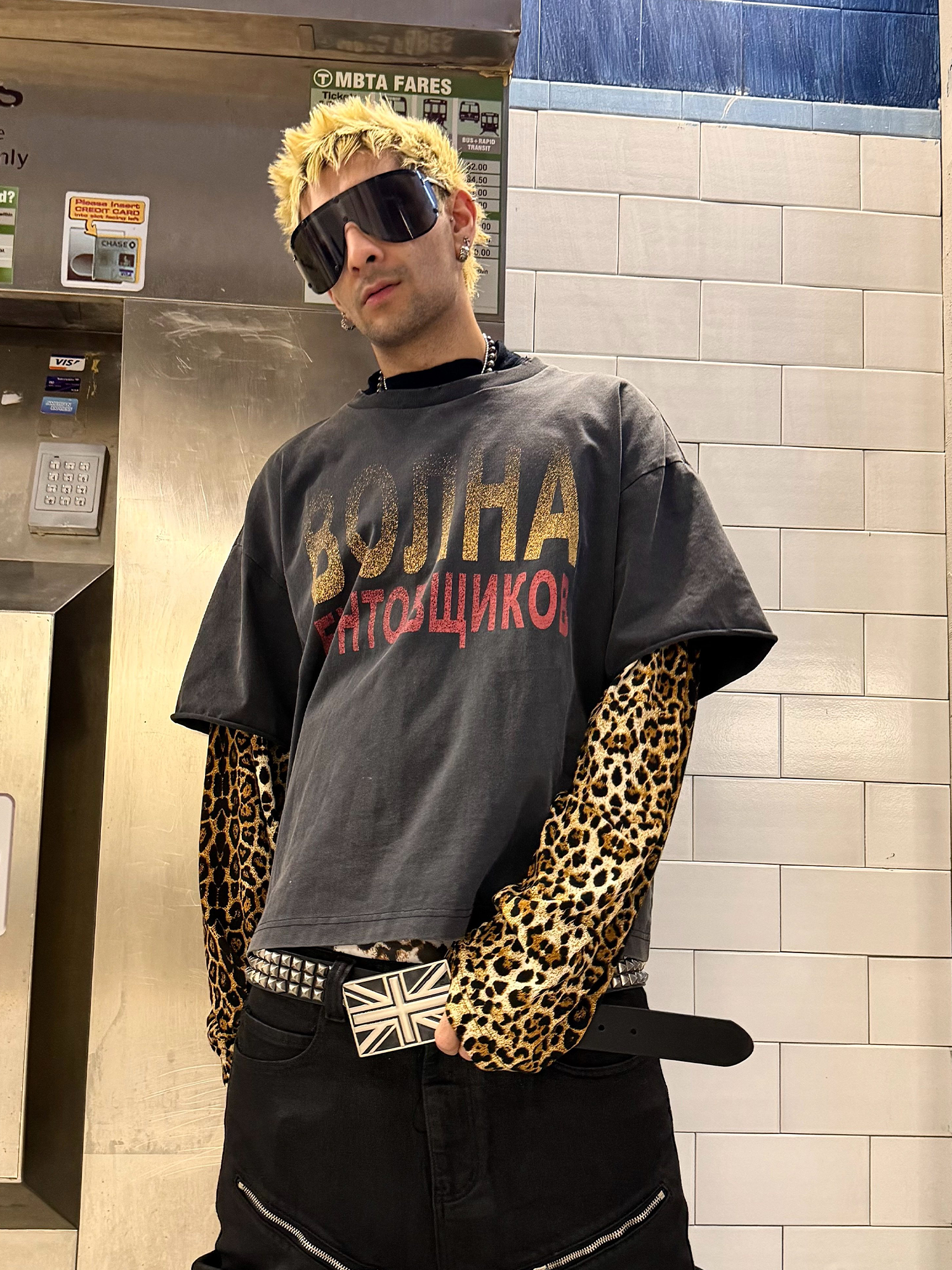 REBEL WAVE Leopard Layered Washed Graphic Long-Sleeve Tee