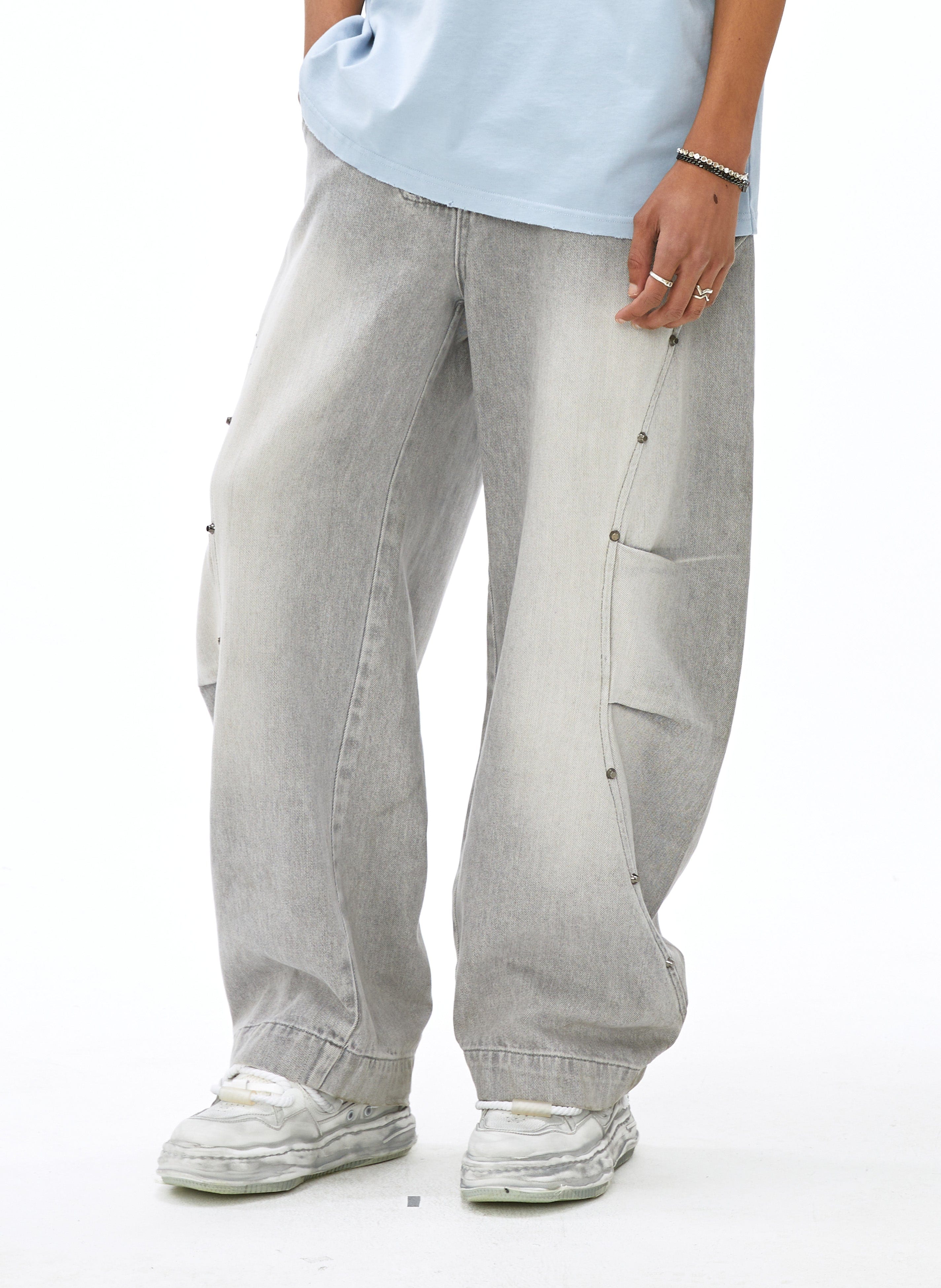VANN VALRENCE Washed Riveted Curved-Seam Denim Pants