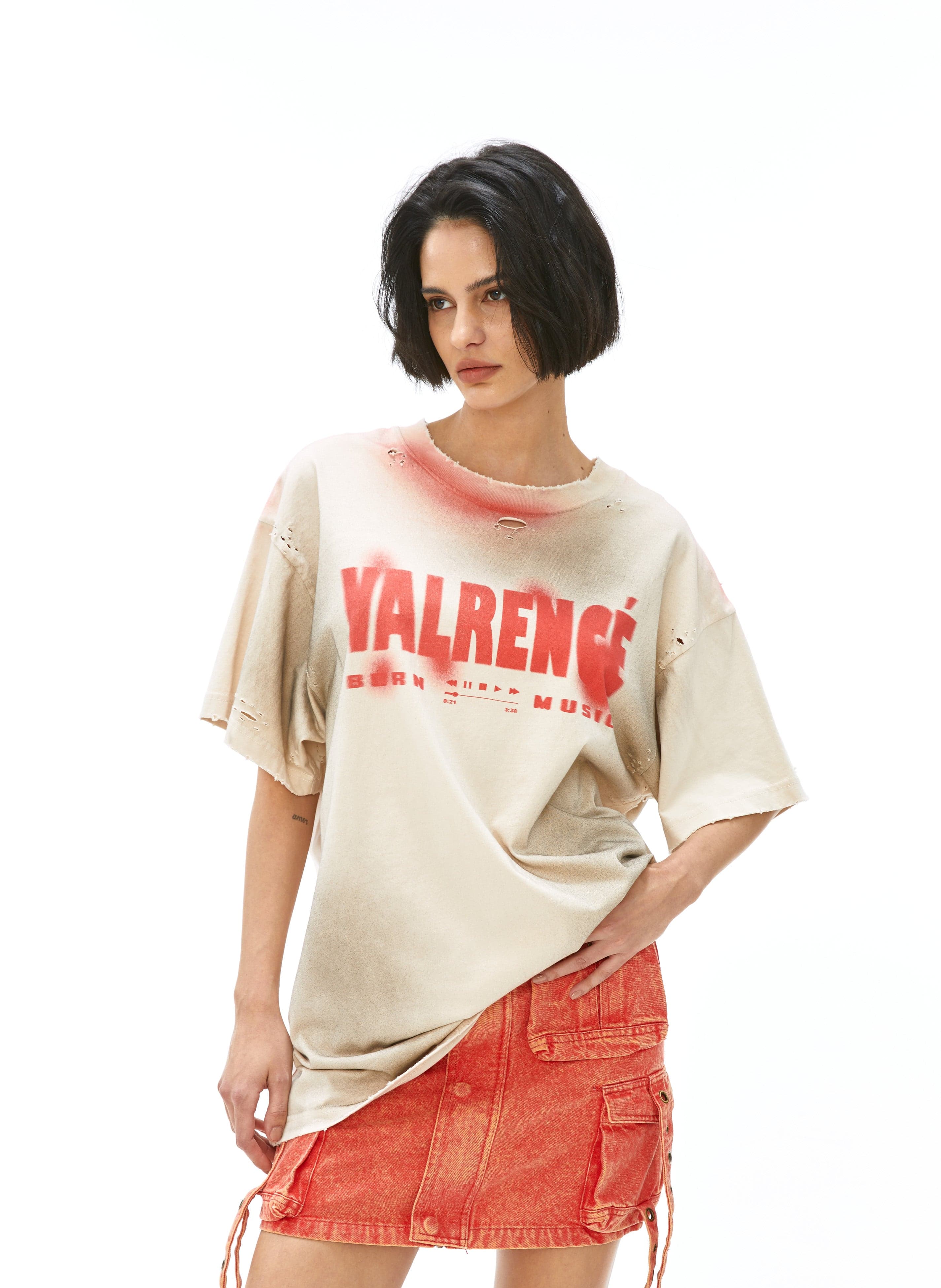 VANN VALRENCE Distressed Washed Spray Faded LOGO T-Shirt