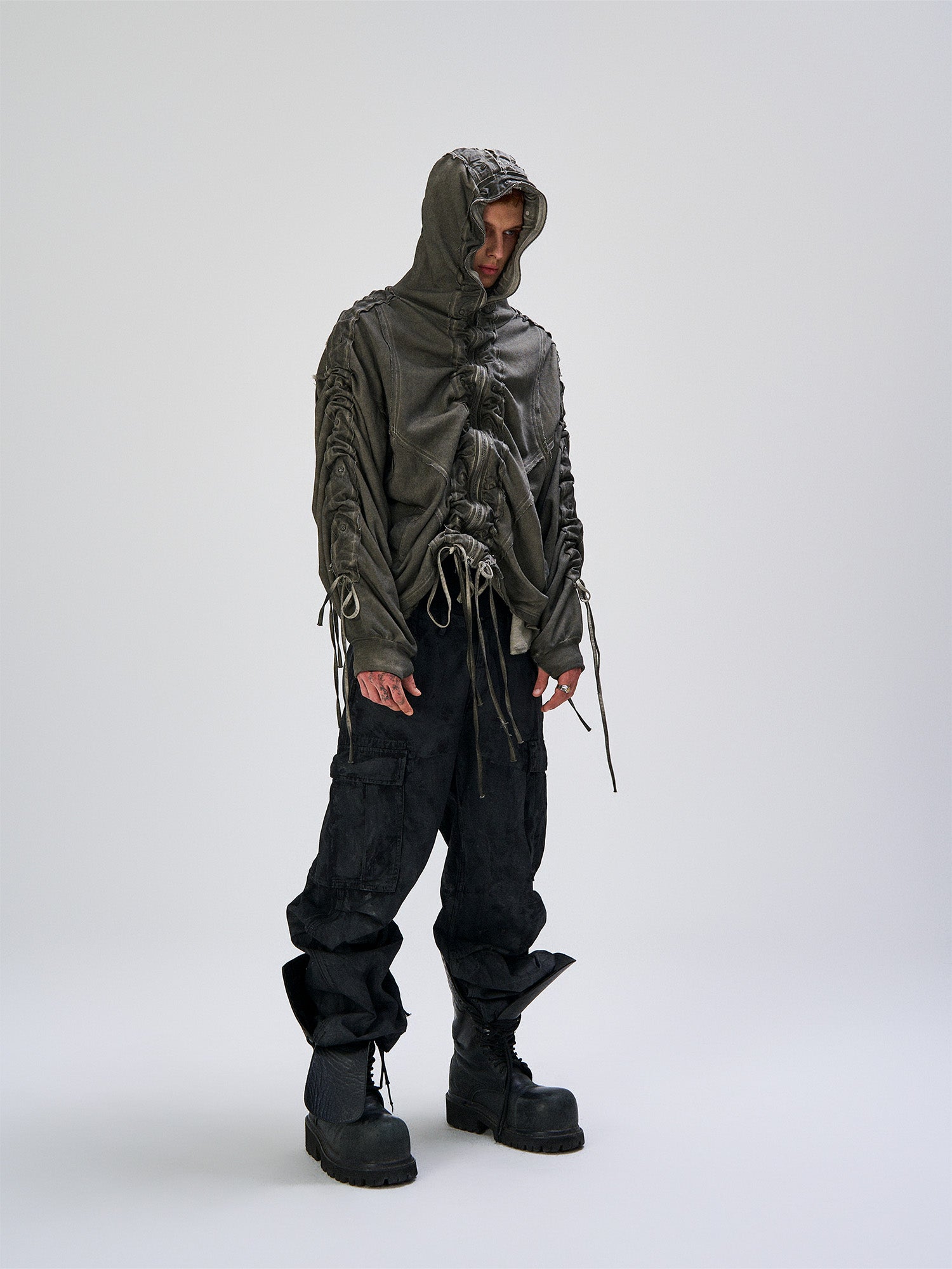 FLYERRER Distressed Drawstring Ruched Hooded Jacket, premium urban and streetwear designers apparel on PROJECTISR.com, FLYERRER