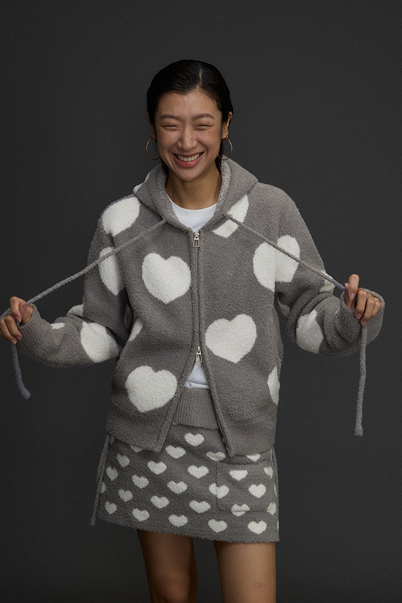 NIANJIUYIKOUER Fuzzy Heart Jacquard Zip-Up Hoodie Cardigan, premium urban and streetwear designers apparel on PROJECTISR.com, NIANJIUYIKOUER