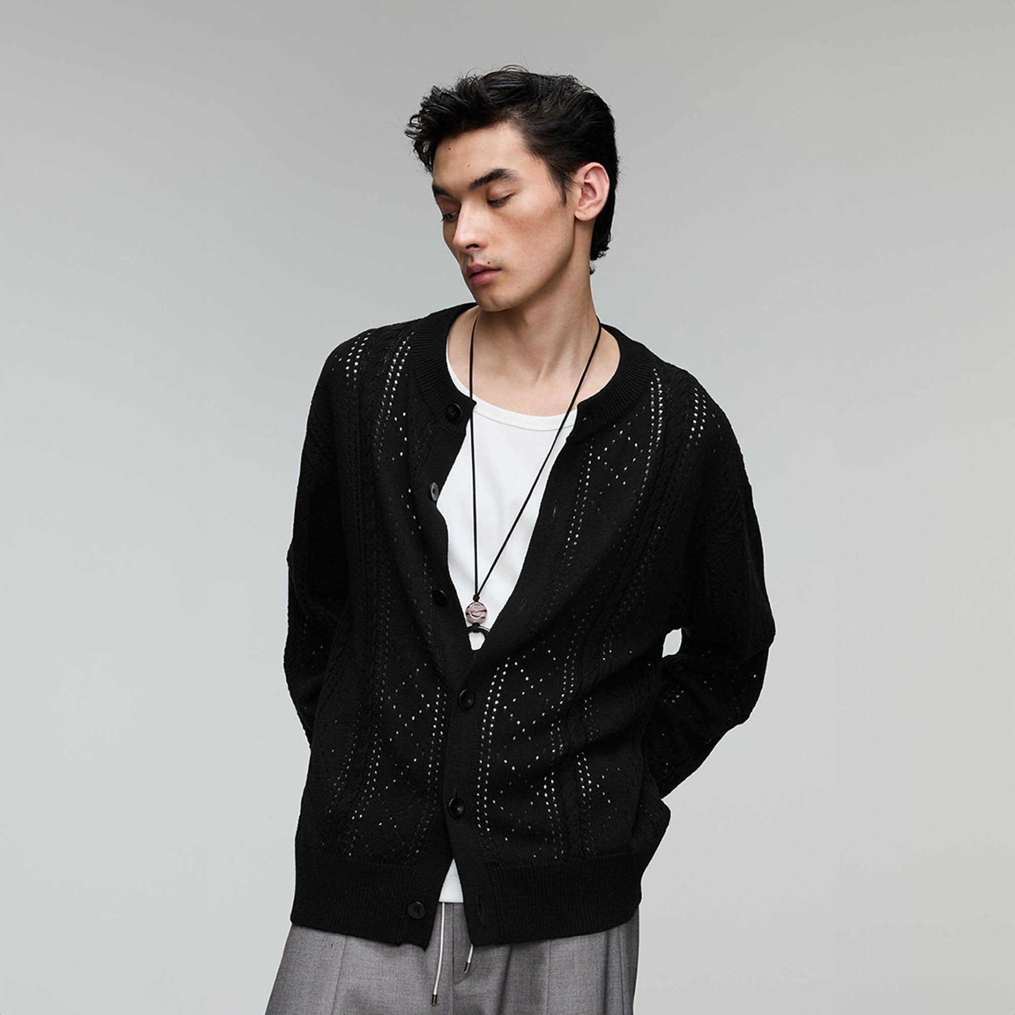 OPICLOTH Eyelet Knit Button-Up Cardigan, premium urban and streetwear designers apparel on PROJECTISR.com, OPICLOTH