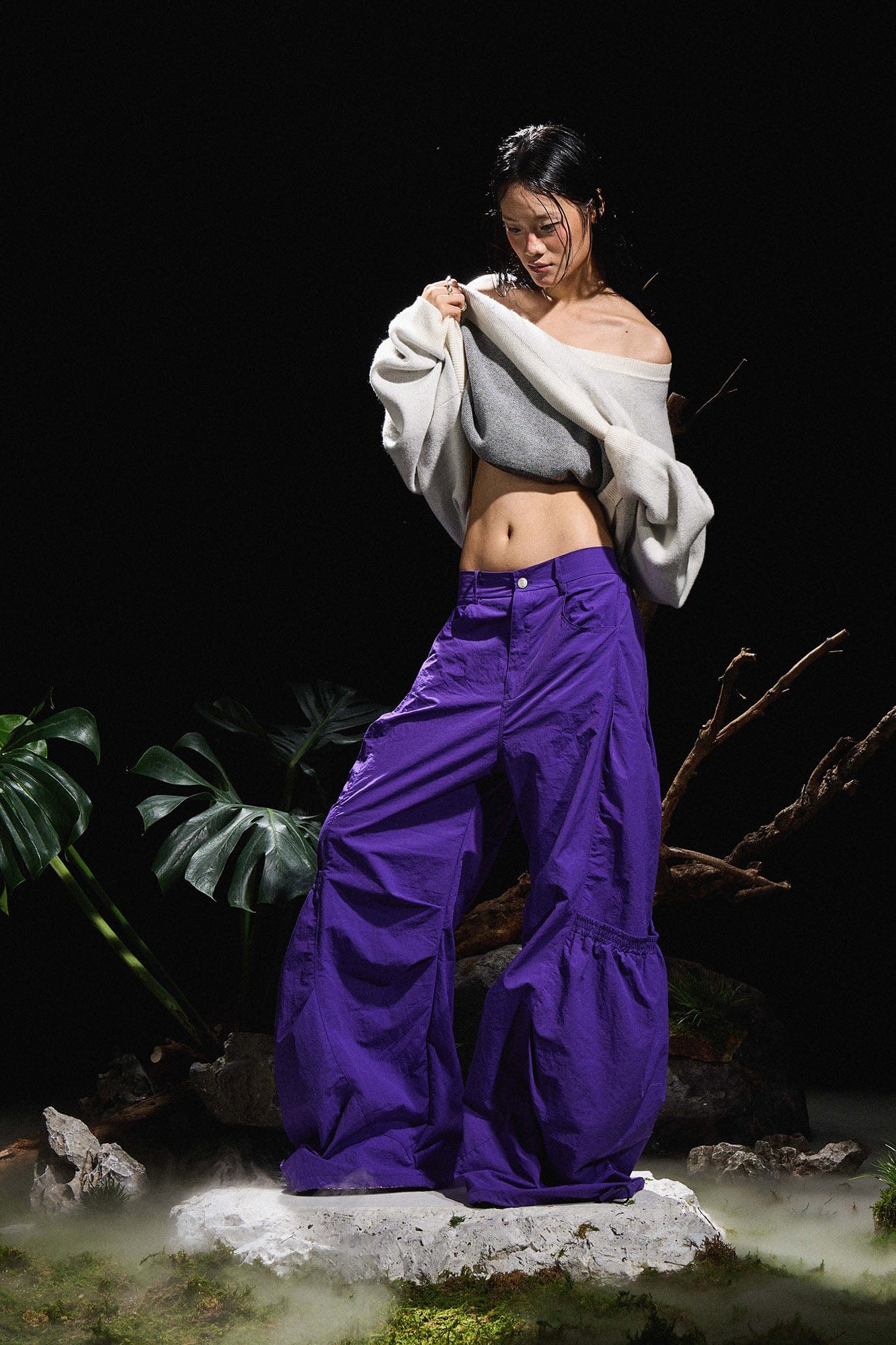 RELABEL Big-Pocket Pleated Oversized Curved Pants Purple, premium urban and streetwear designers apparel on PROJECTISR.com, RELABEL