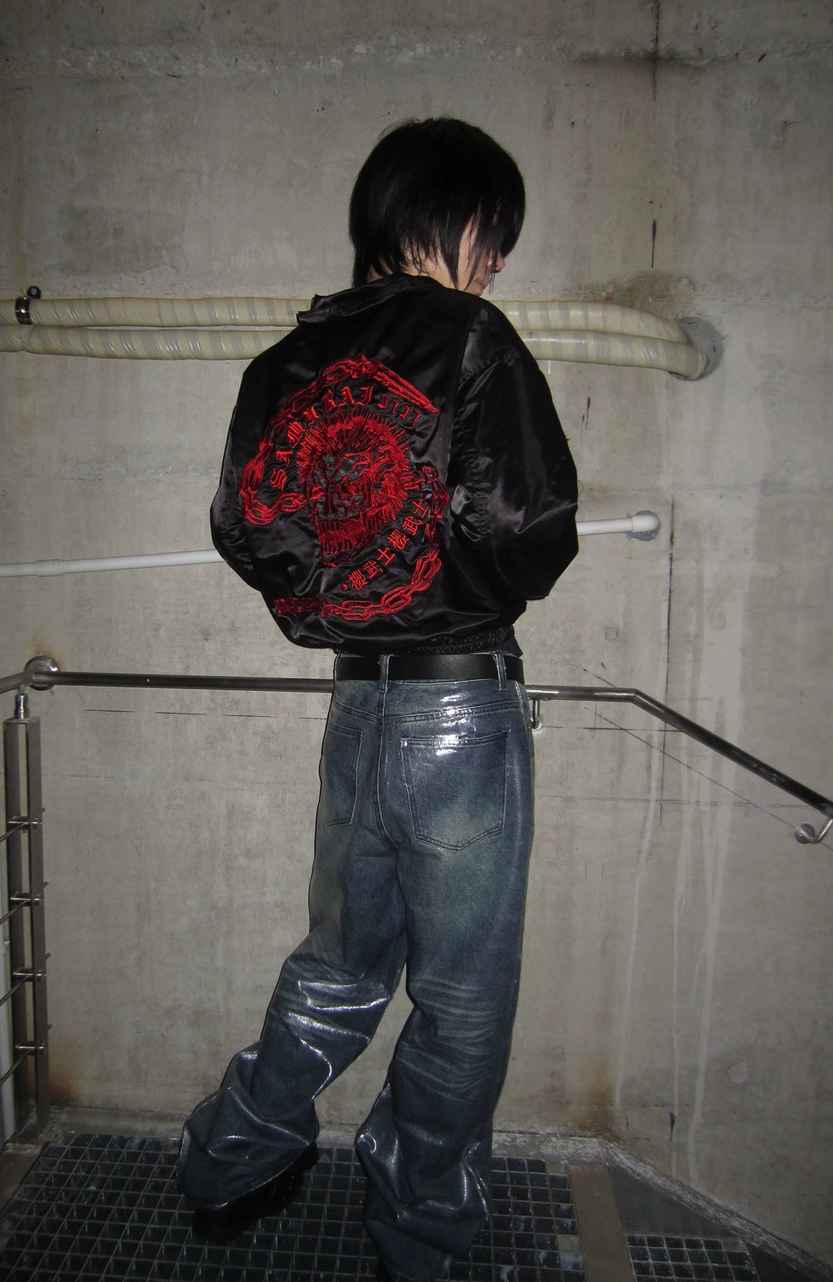 REBEL WAVE Frayed Raw-Edge Wax-Coated Flared Jeans