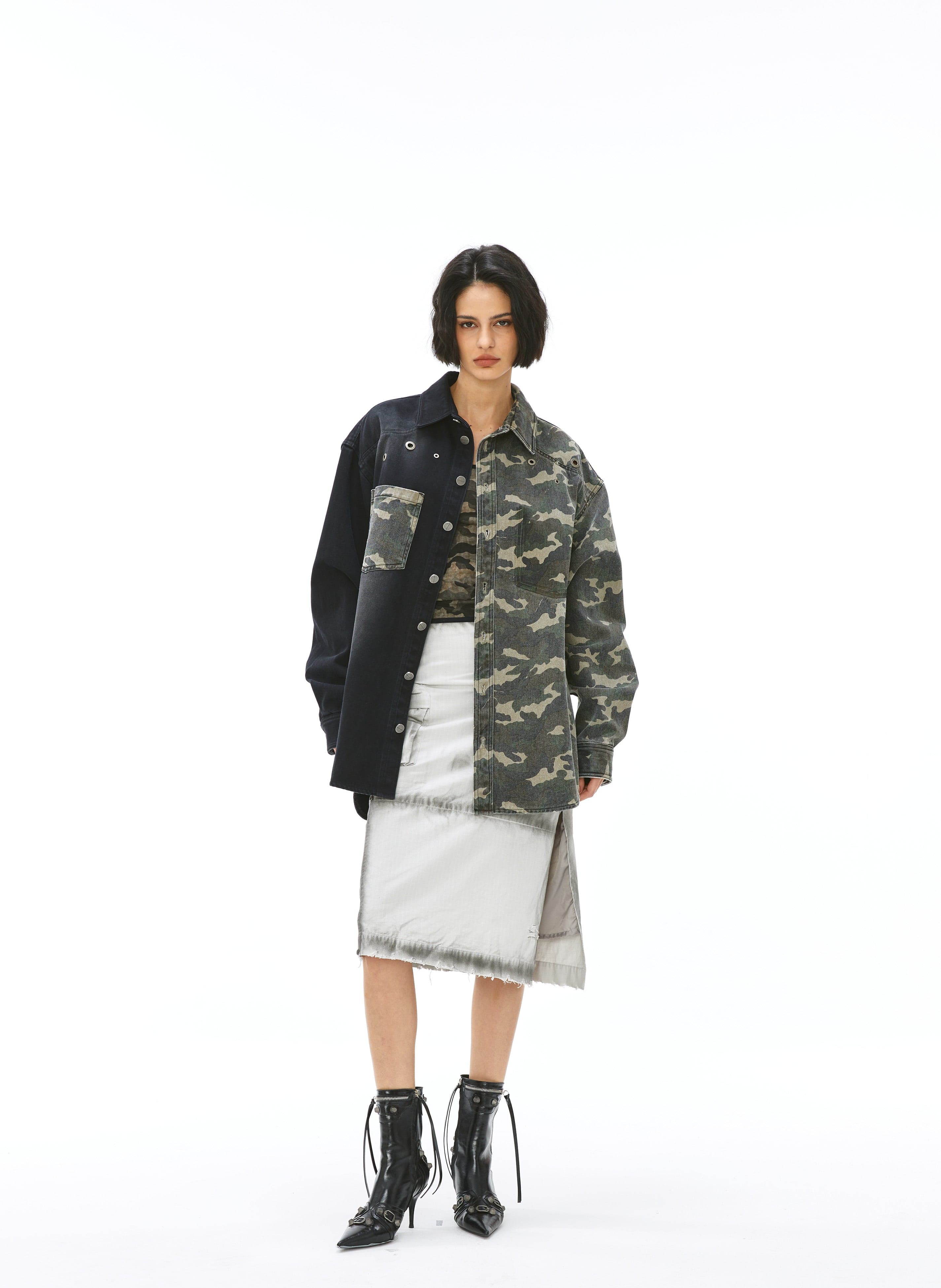 VANN VALRENCE Paneled Camo Denim Shirt