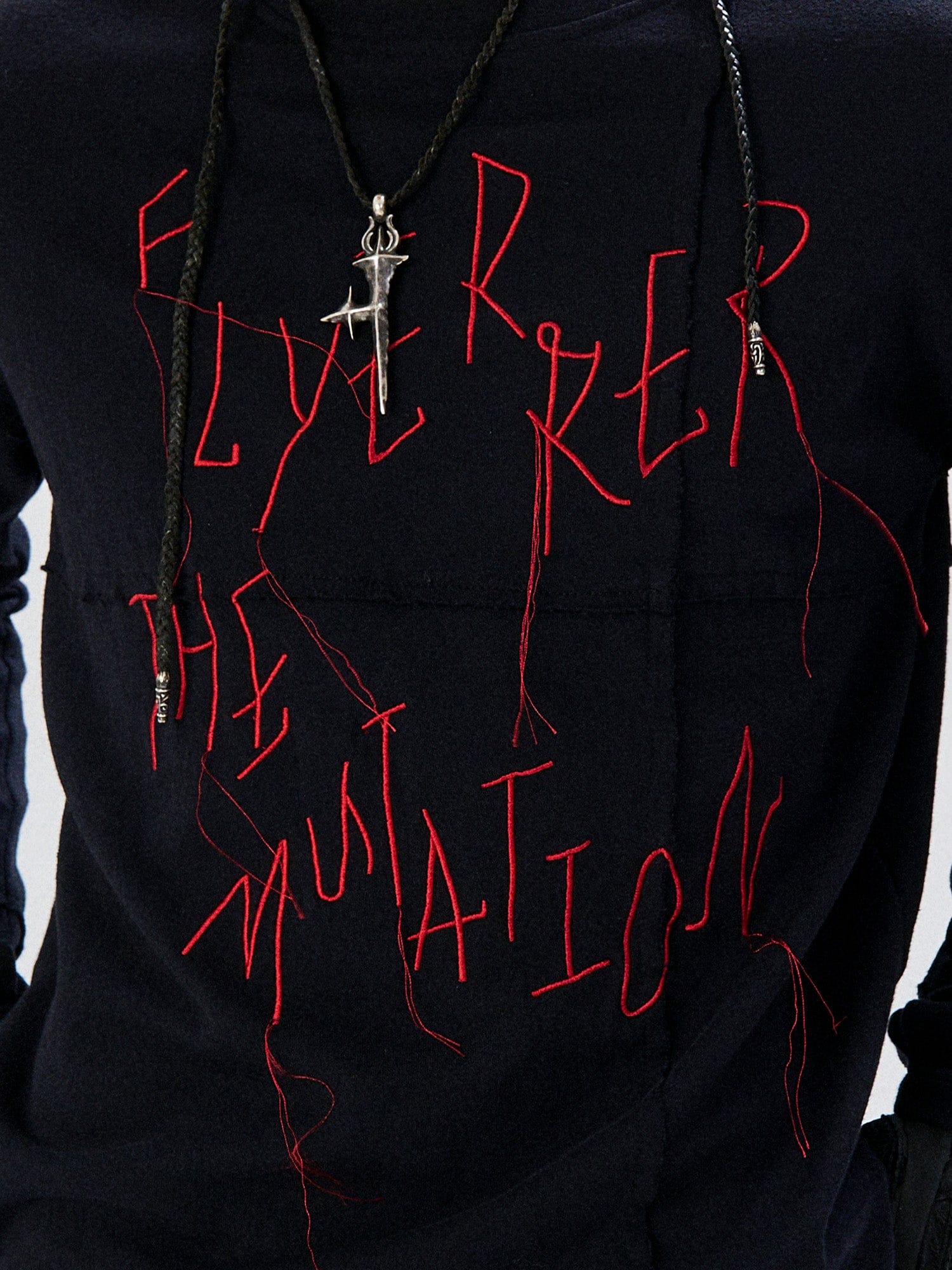 FLYERRER Cross-Panel Contrast Frayed Embroidered Long-Sleeve Tee, premium urban and streetwear designers apparel on PROJECTISR.com, FLYERRER