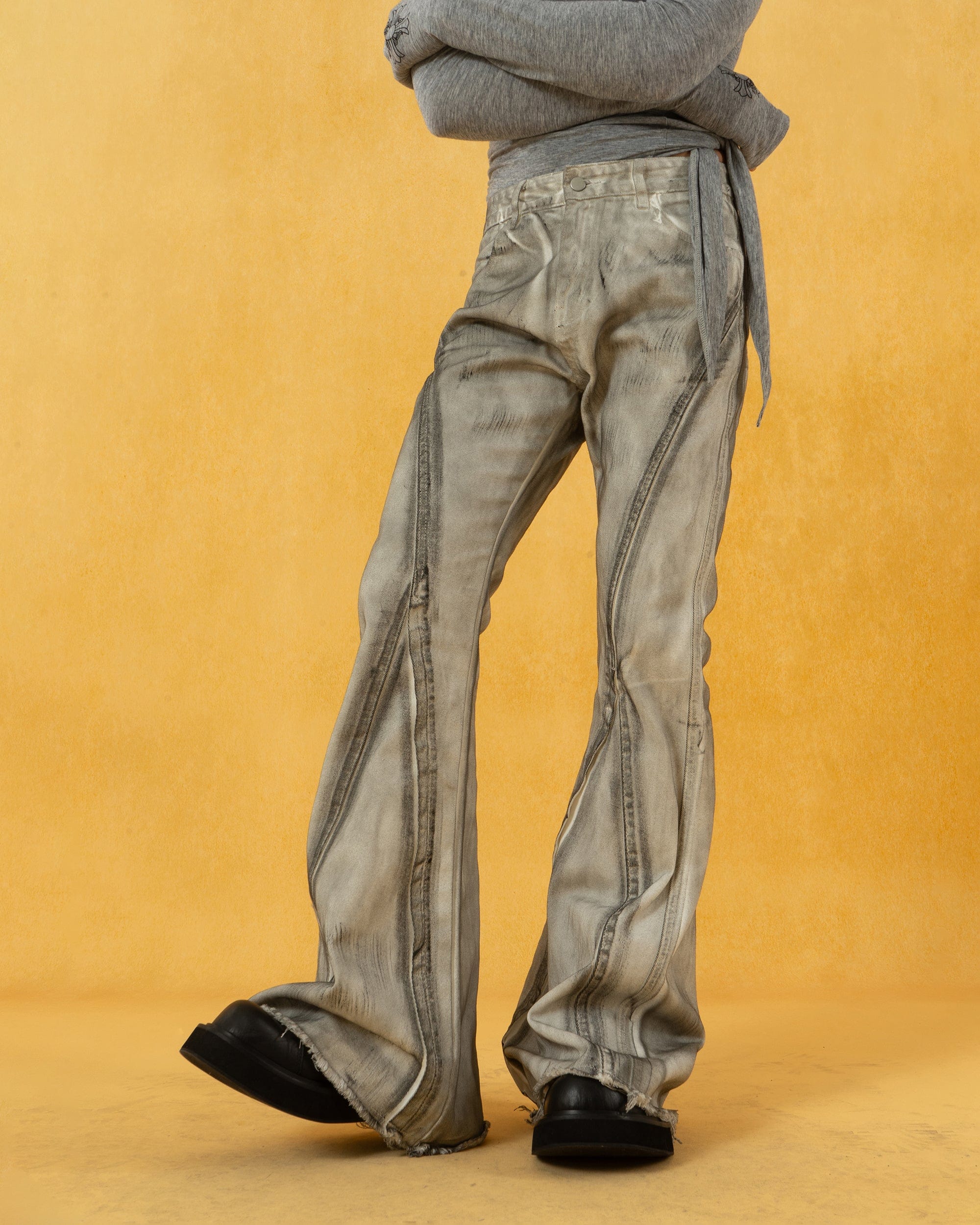 CLP Spliced Distressed Raw Edge Flared Jeans, premium urban and streetwear designers apparel on PROJECTISR.com, CLP
