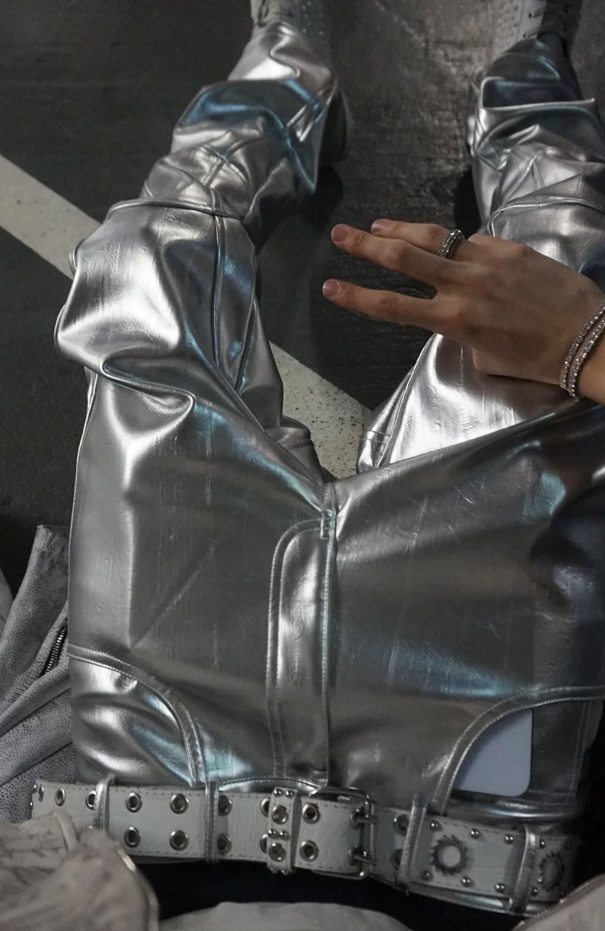 REBEL WAVE Silver Liquid Faux Leather Straight-Leg Pants